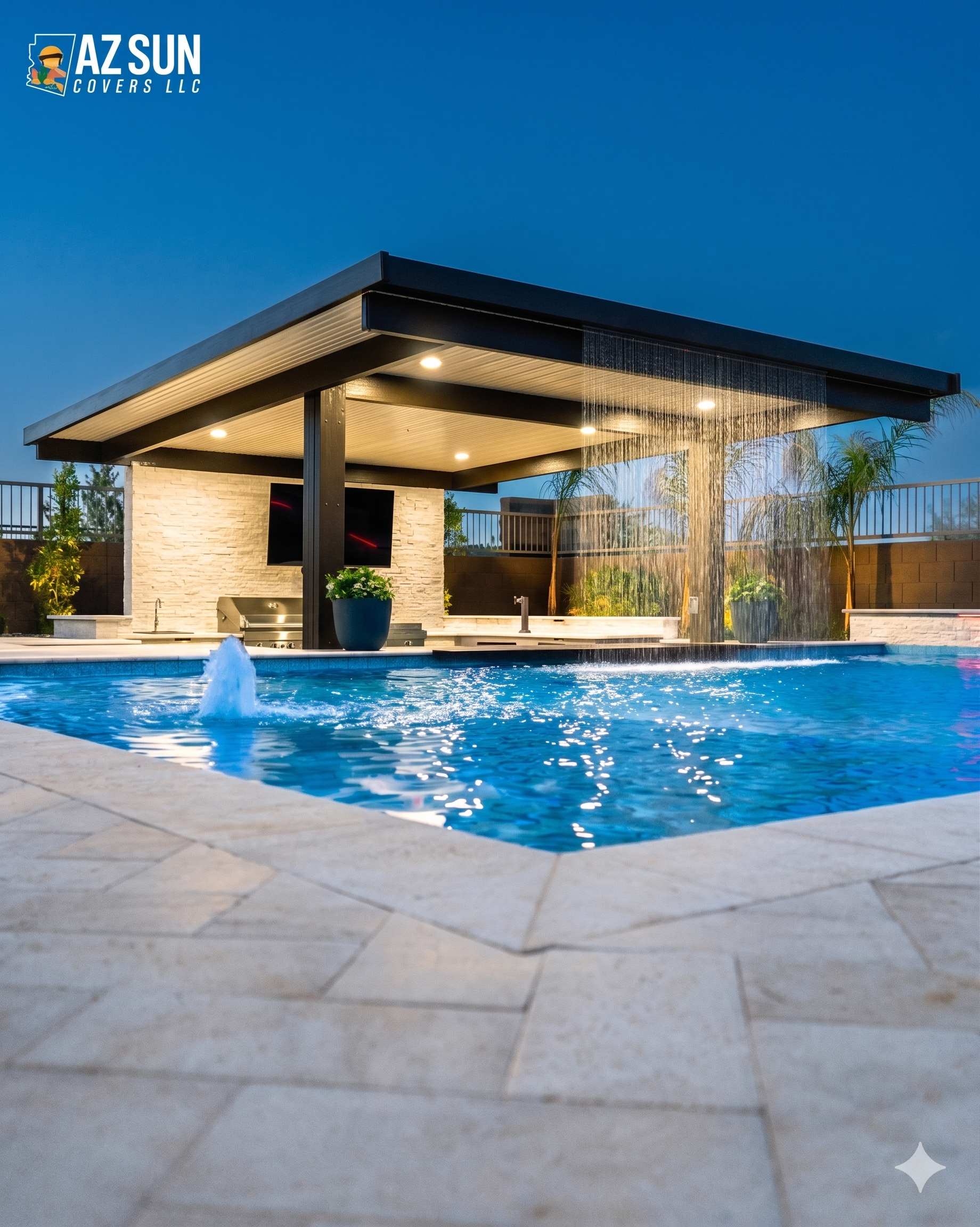 Luxury pool pergola with waterfall feature at dusk