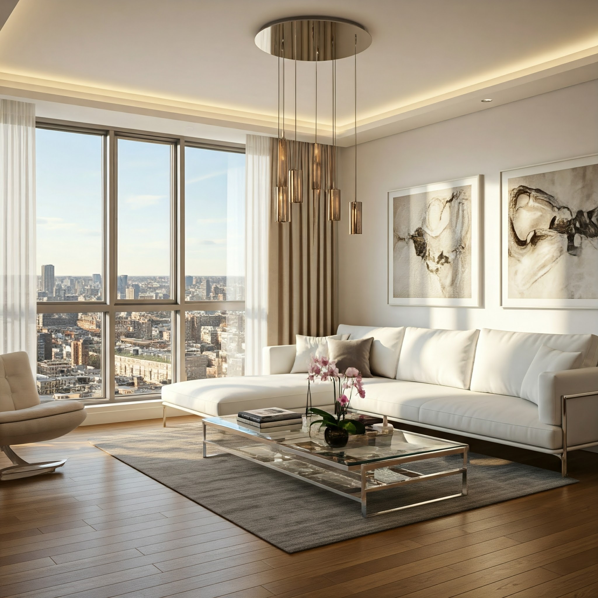 Luxury apartment living room with city view