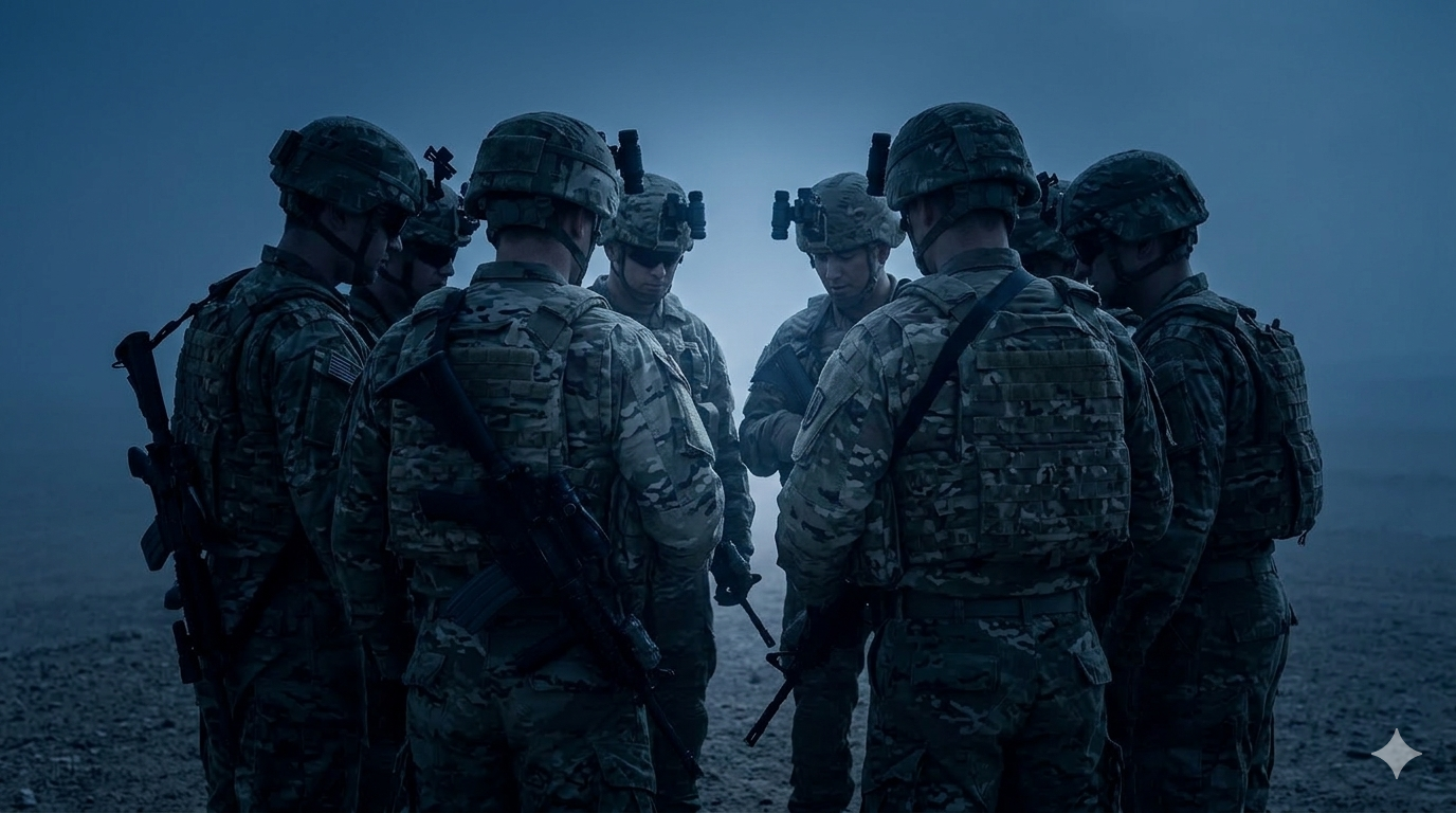 Soldiers gathered in tactical huddle