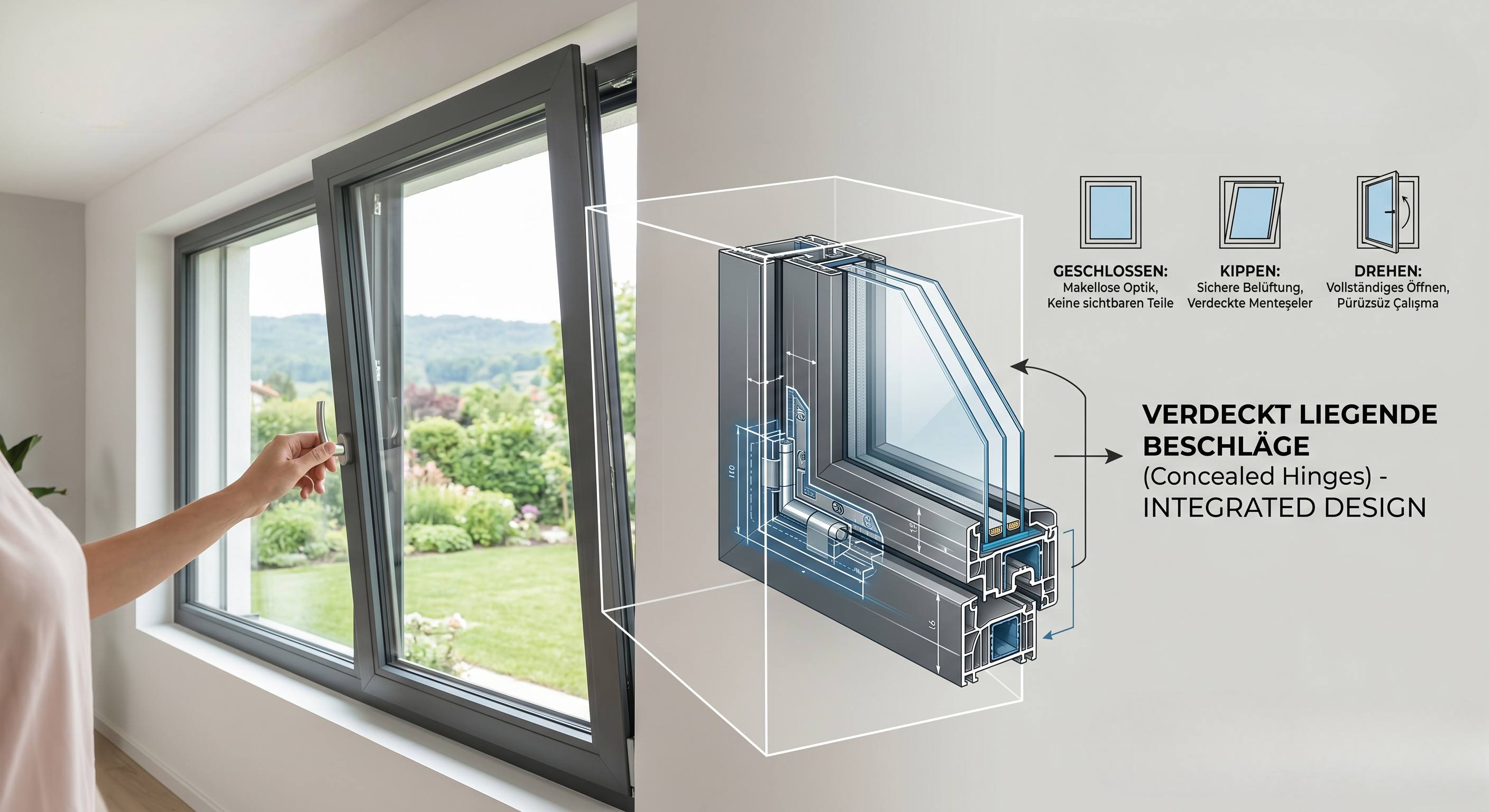 Dreh-Kipp Fenster mit 3D-Schnittzeichnung der verdeckt liegenden Beschläge – GESCHLOSSEN, KIPPEN, DREHEN