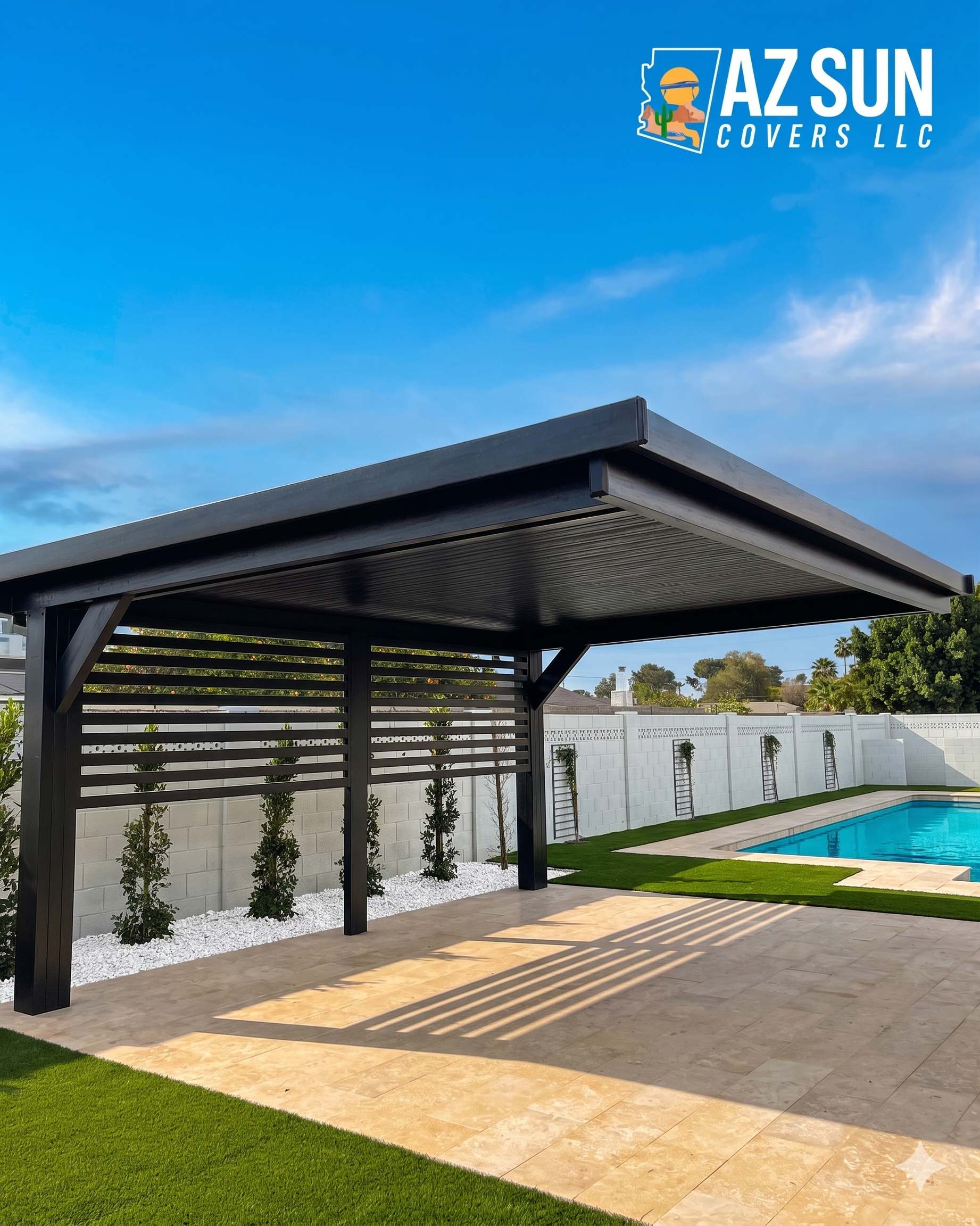 Dark louvered pergola by pool with privacy slats