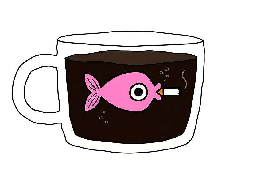 Pink fish smoking in a coffee cup