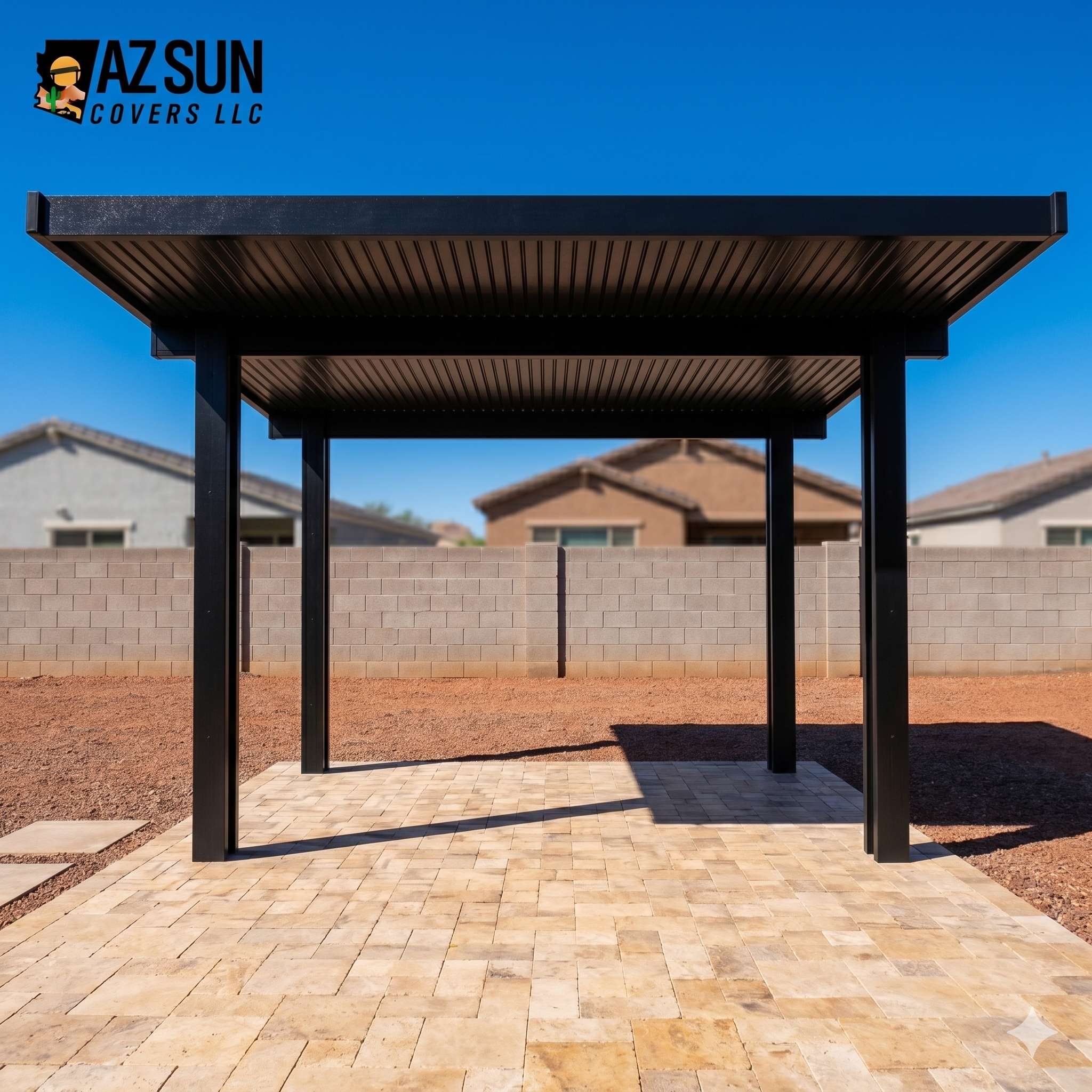 Freestanding solid-roof pergola on paver patio