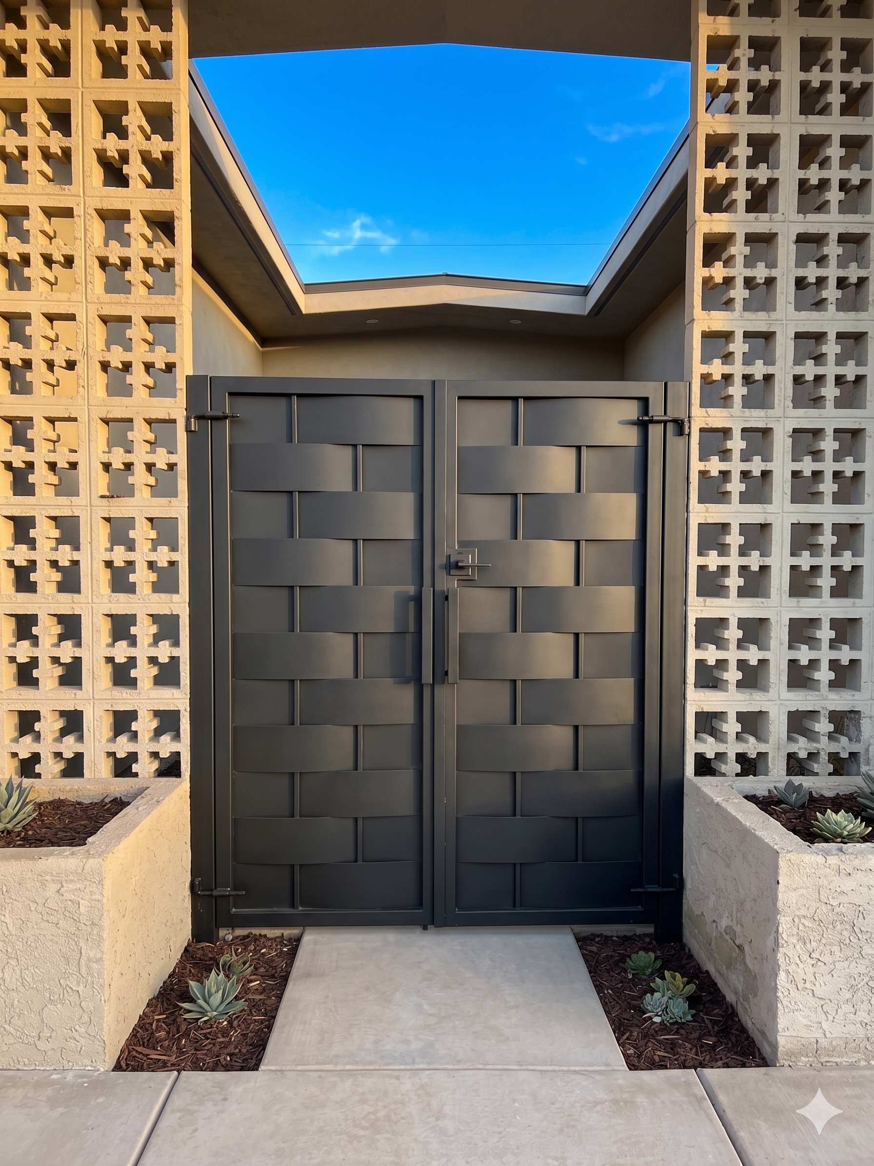 Double entry gate with woven basket pattern between decorative breeze block walls