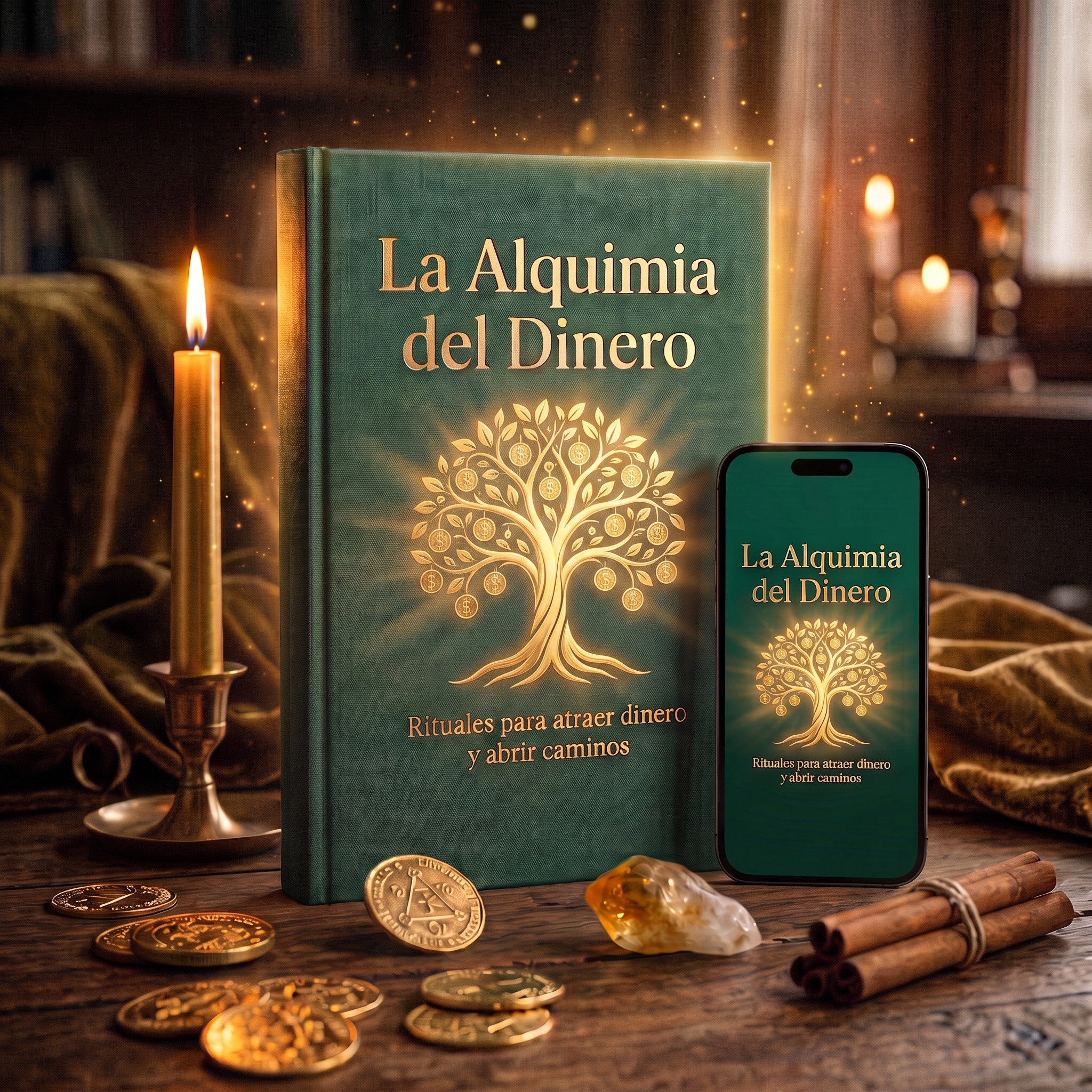 Libro y versión móvil de La Alquimia del Dinero en una escena ritual con velas, monedas, canela y un cristal