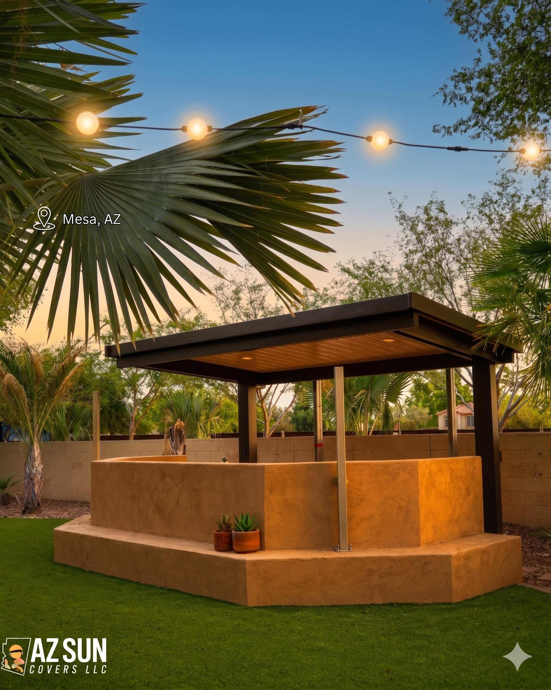Evening pergola with string lights in Mesa AZ