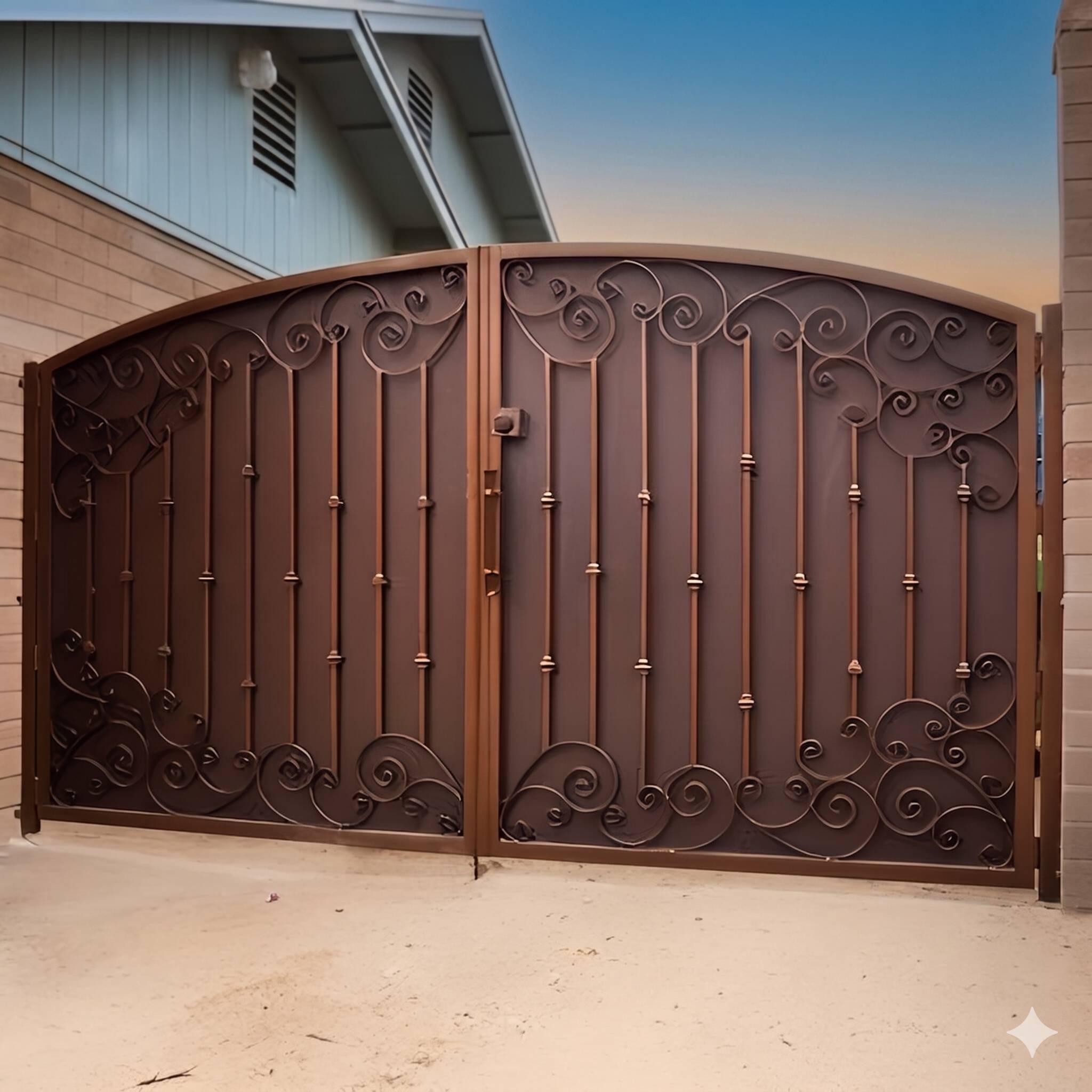 Ornate double RV gate with copper scrollwork design