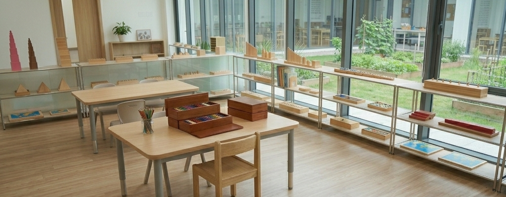 Clean modern empty Montessori classroom with glass walls and garden