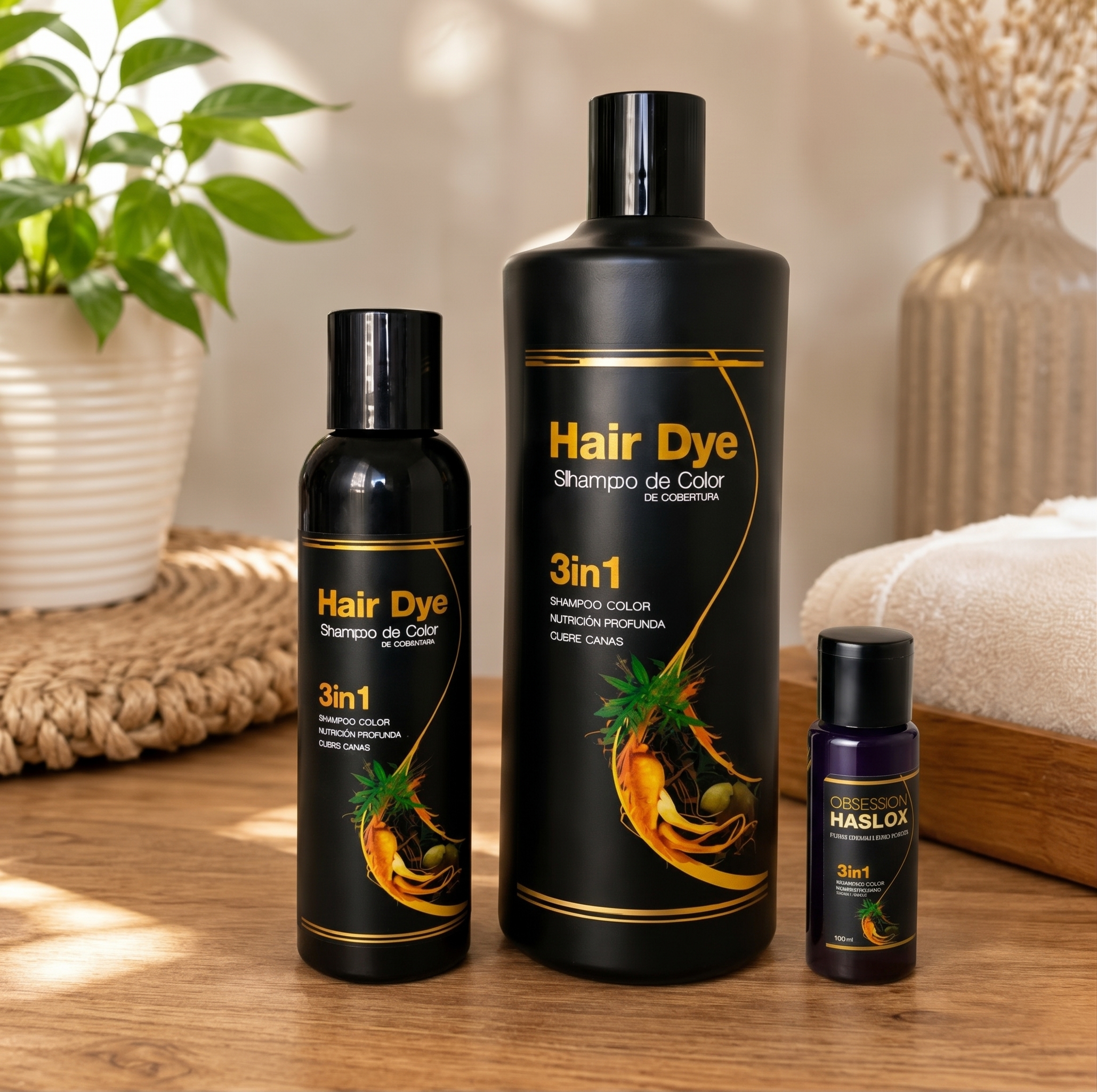 Shampoo Hair Dye 3 en 1 en dos tamaños sobre una mesa de madera junto a una planta