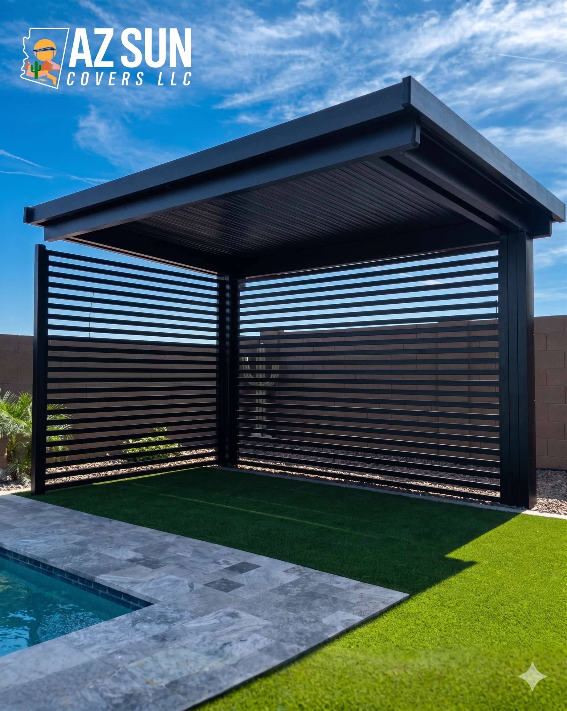 Modern pergola with horizontal slat walls on turf
