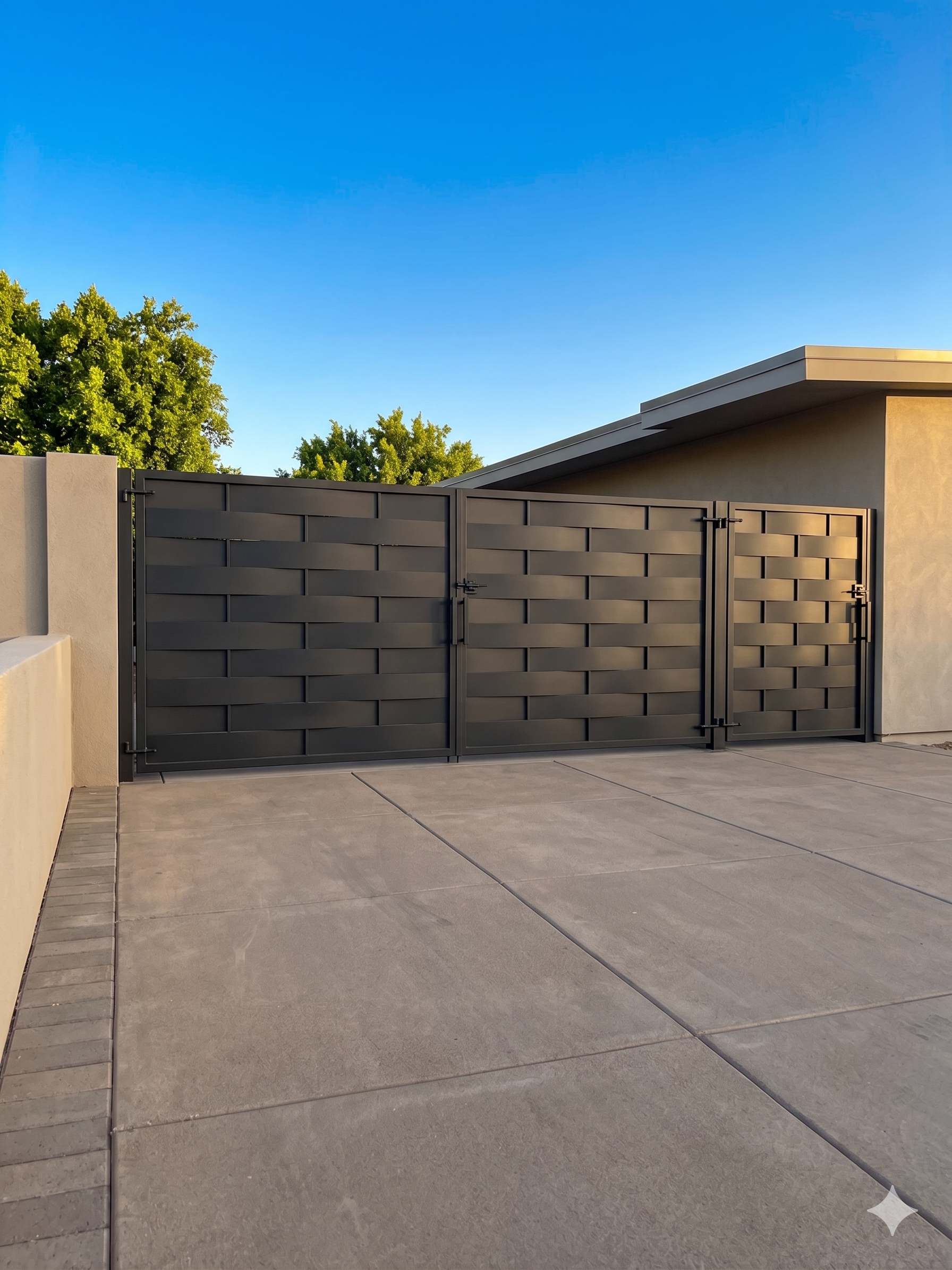 Modern woven basket pattern double RV gate with matching side gate in charcoal finish