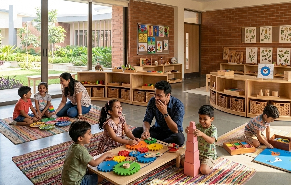 Educators and children laughing together with colorful wooden toys