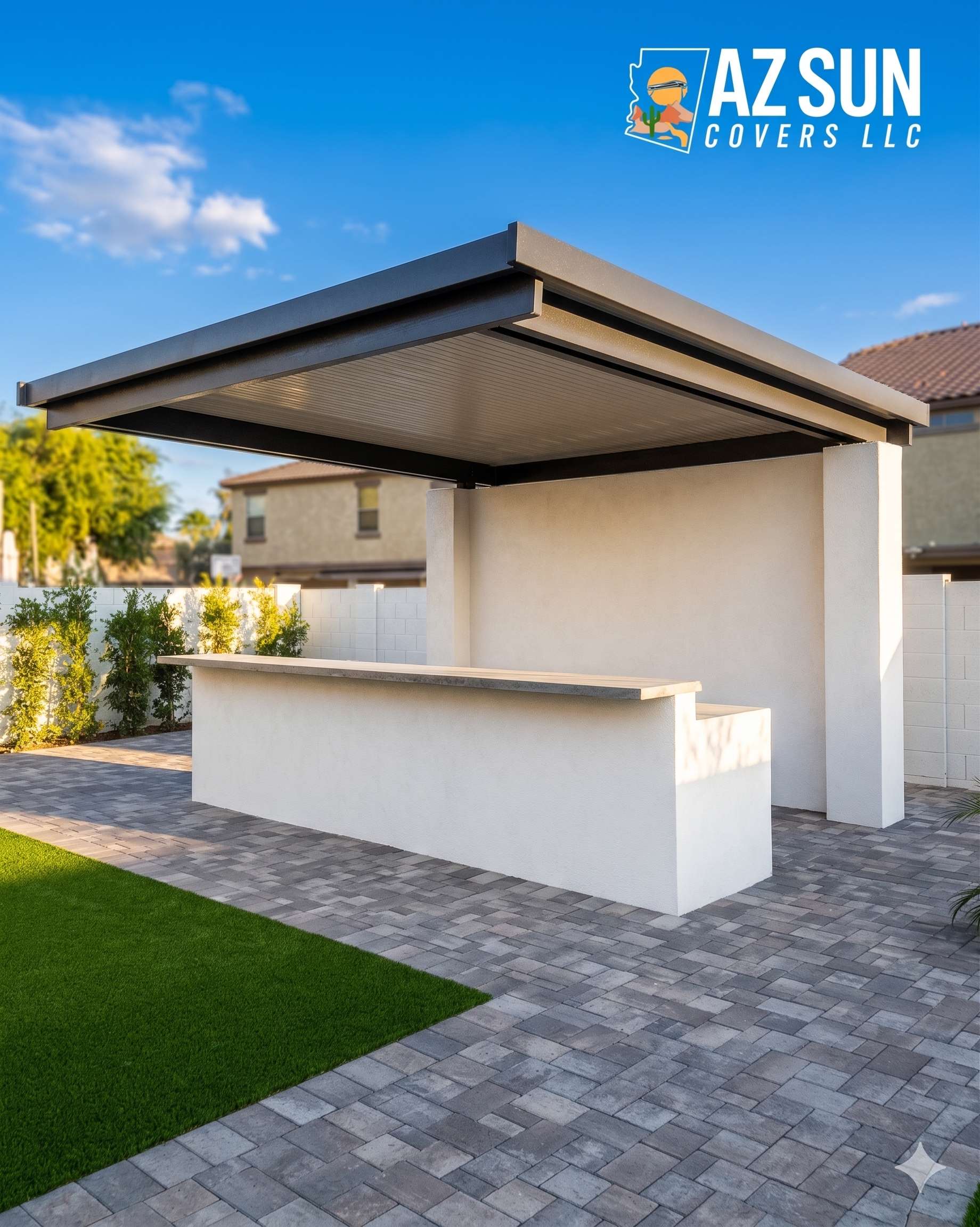 Modern louvered pergola over outdoor bar area
