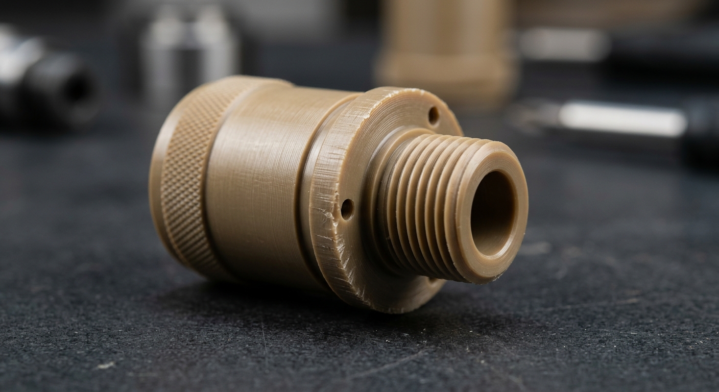 Precision-machined PEEK component showing threaded end, knurled grip section, and visible tool marks.