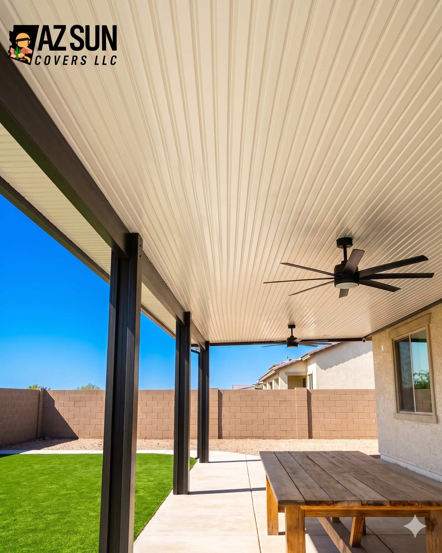 Solid-roof patio cover with ceiling fans and outdoor dining
