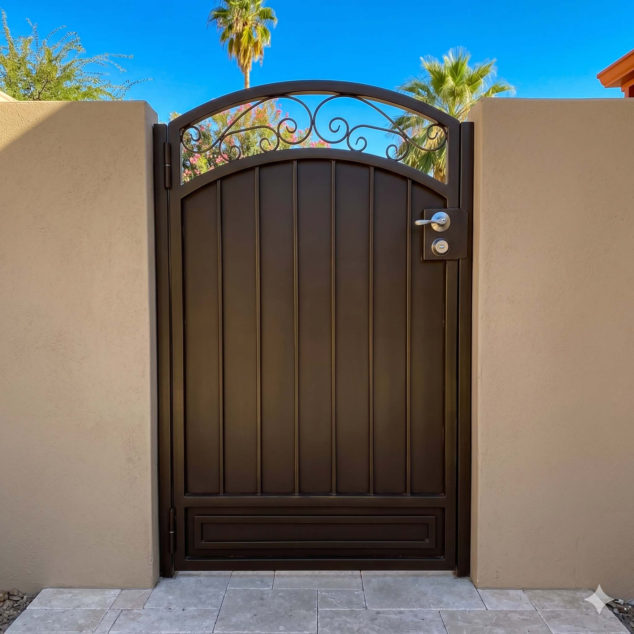 Elegant arched side gate with bronze finish and decorative scrollwork