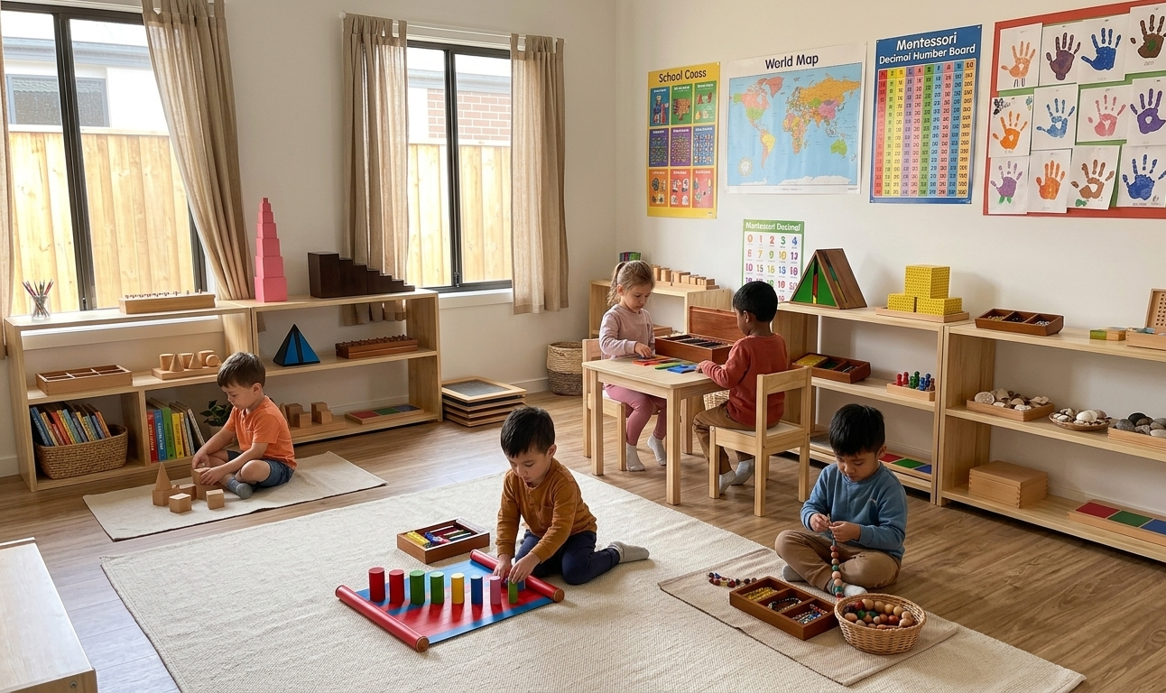 Bright Montessori classroom with children engaged in learning activities