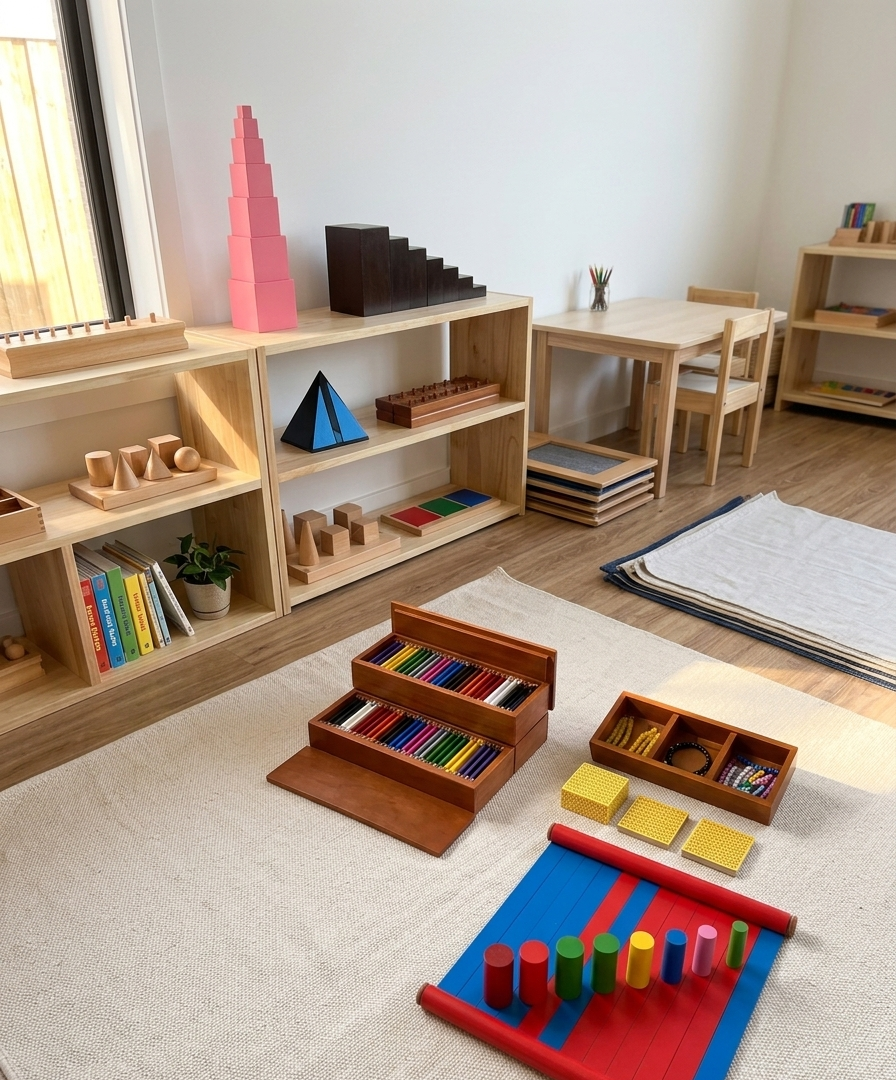 Montessori classroom with wooden learning materials