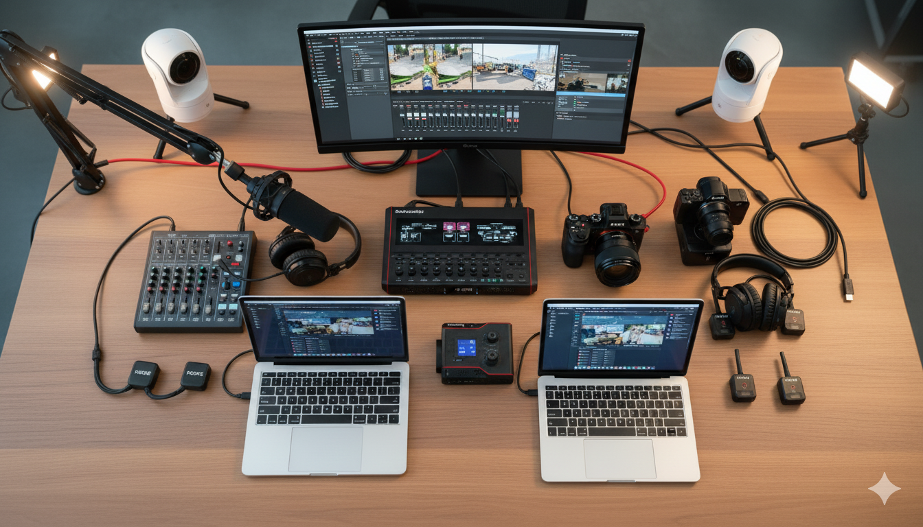 Setup completo de equipamiento profesional para streaming: múltiples cámaras, laptops, micrófonos, mezcladora de audio, luces LED y equipos de producción organizados en escritorio