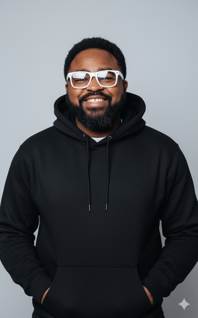 Temitope Benson smiling, wearing white-framed glasses