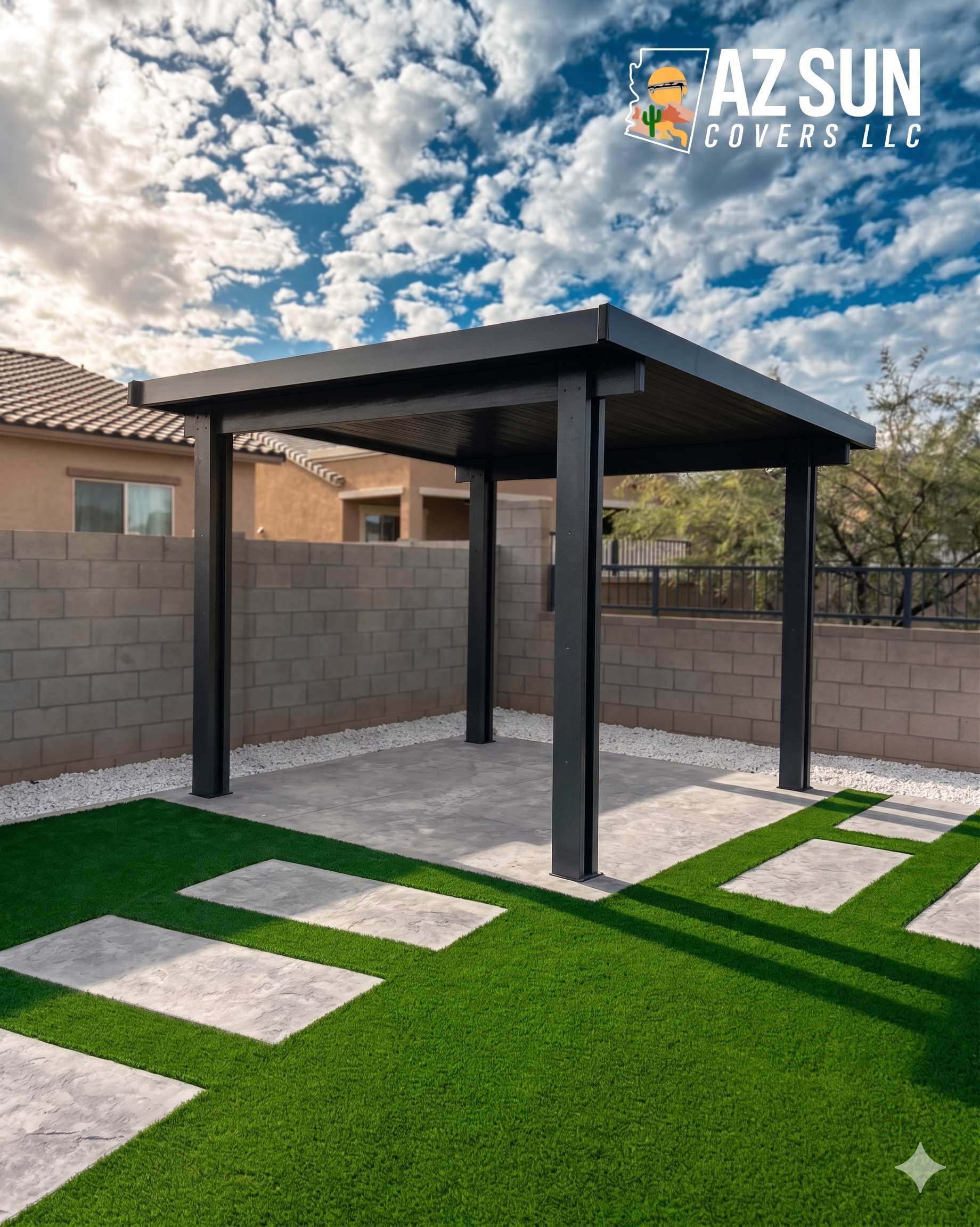 Dark freestanding pergola on green turf with stepping stones