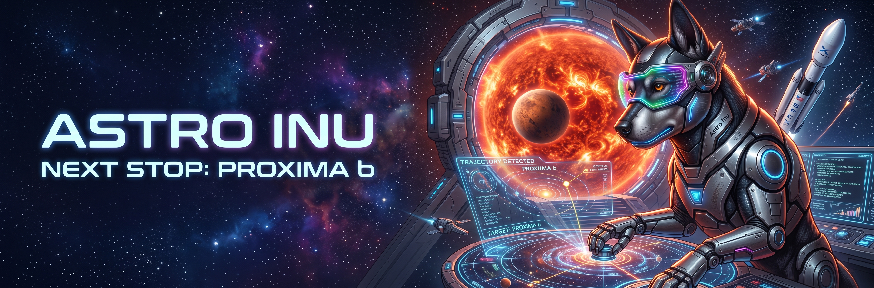 Astro Inu piloting a spacecraft through a glowing star gate