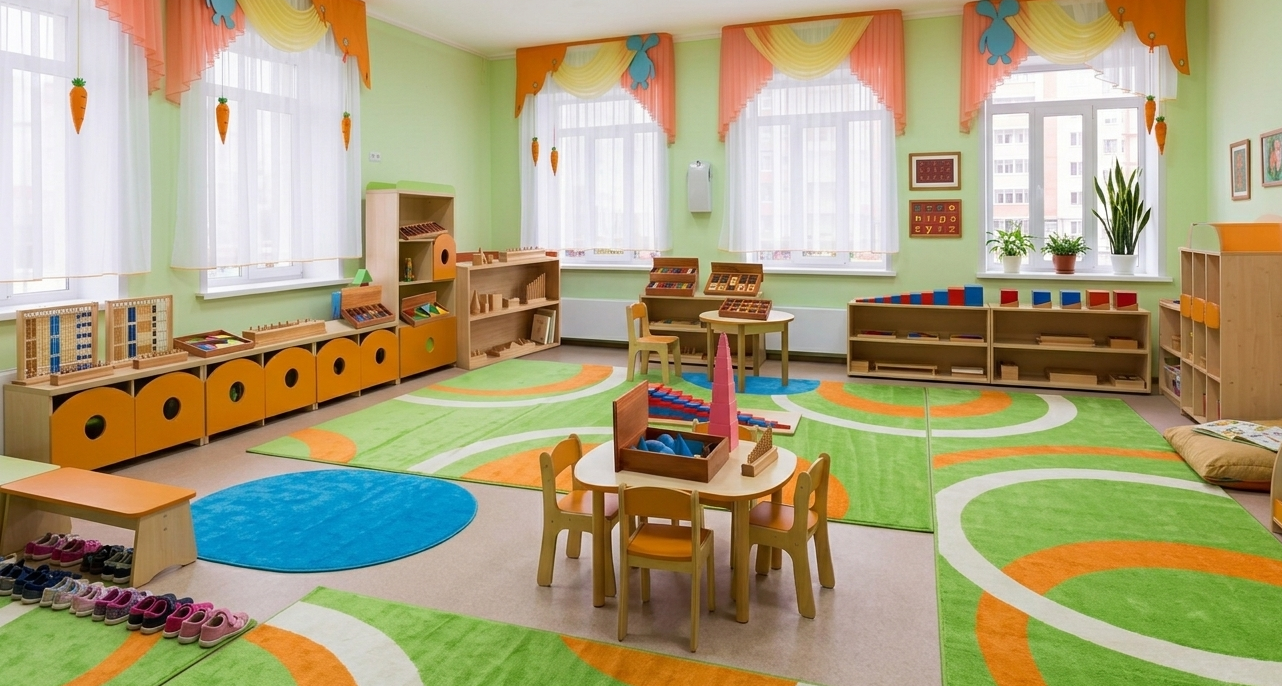 Colorful Montessori kindergarten classroom