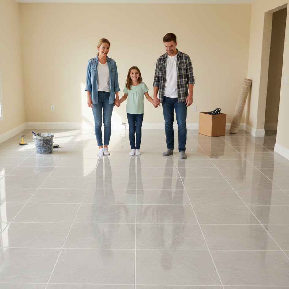 Professional tile installer laying decorative patterned floor tiles in a modern white kitchen