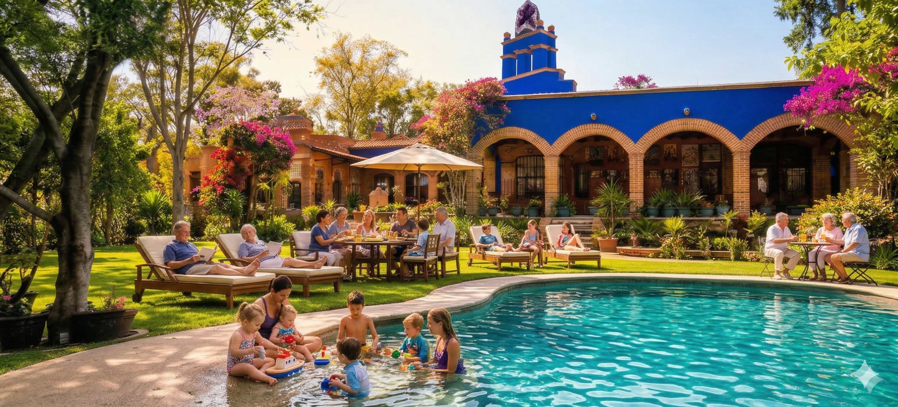 Familias disfrutando juntas en la alberca