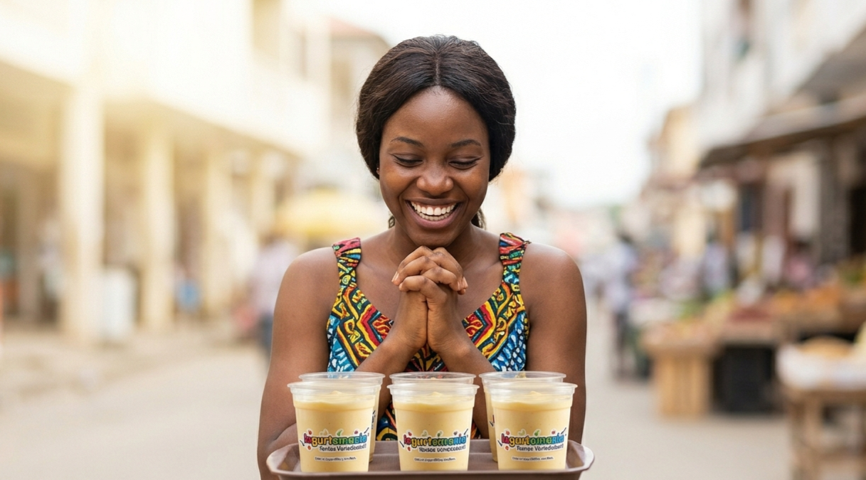 Cliente feliz com iogurtes