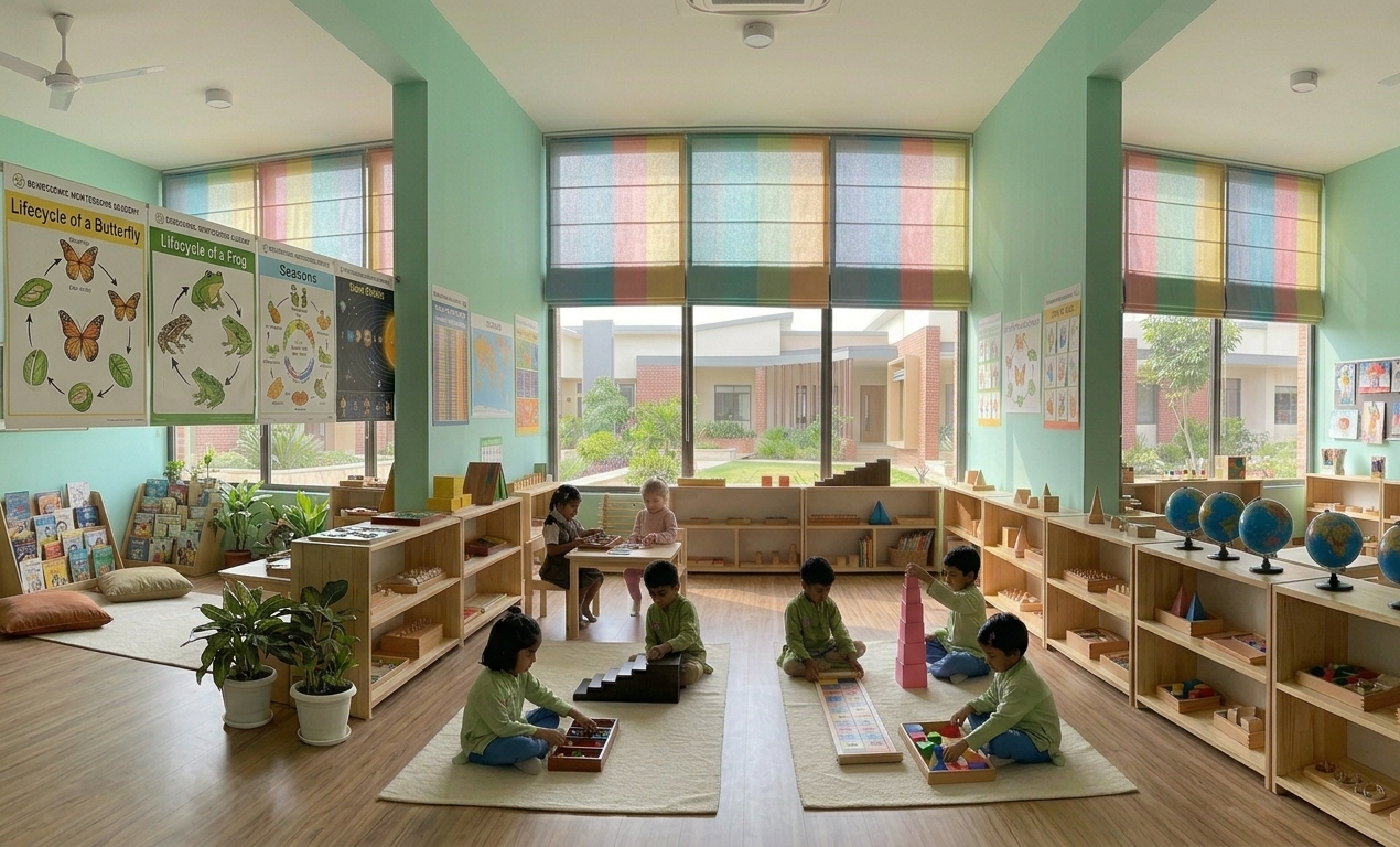 Bright mint classroom with rainbow blinds and children on floor mats