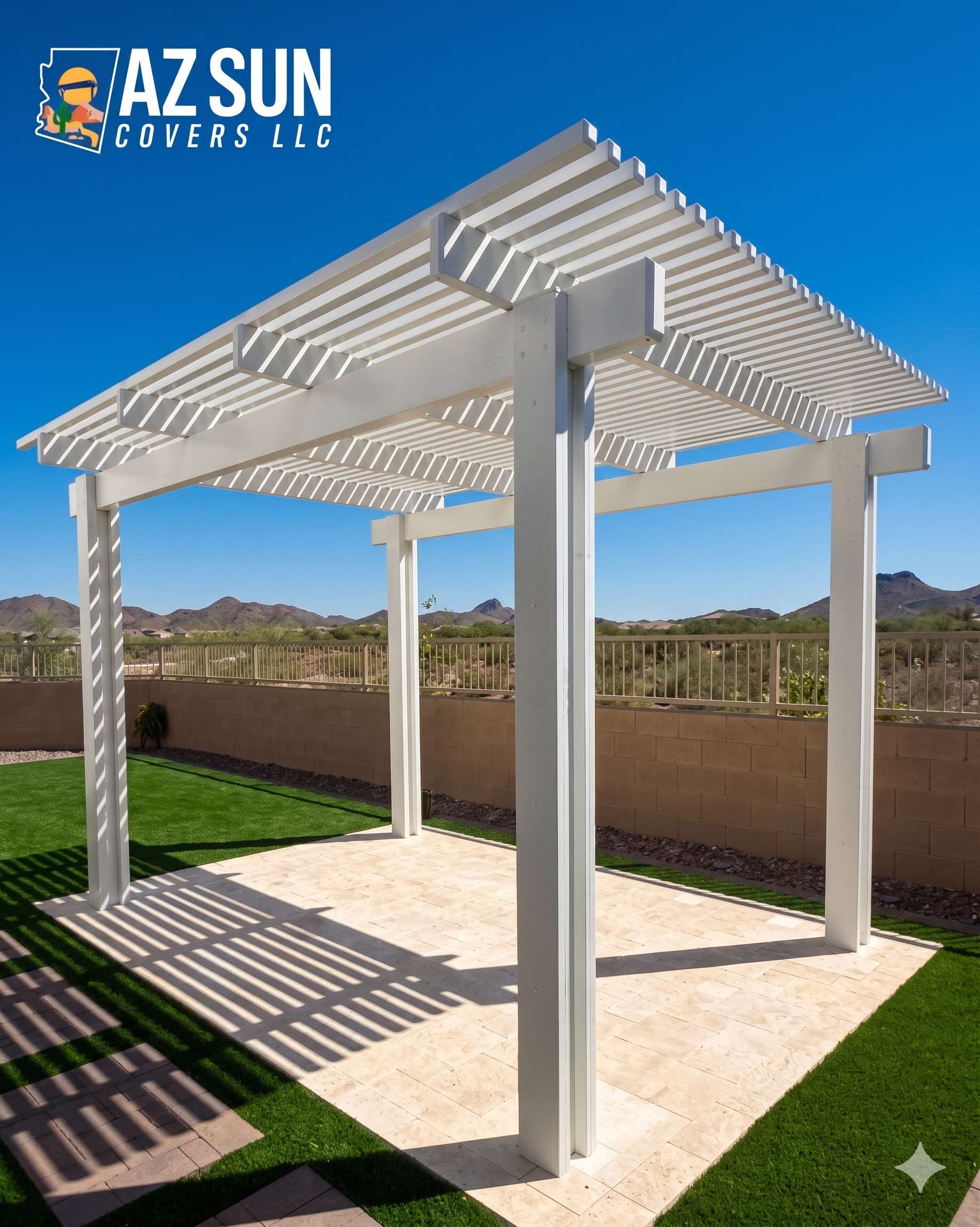White lattice pergola with mountain views