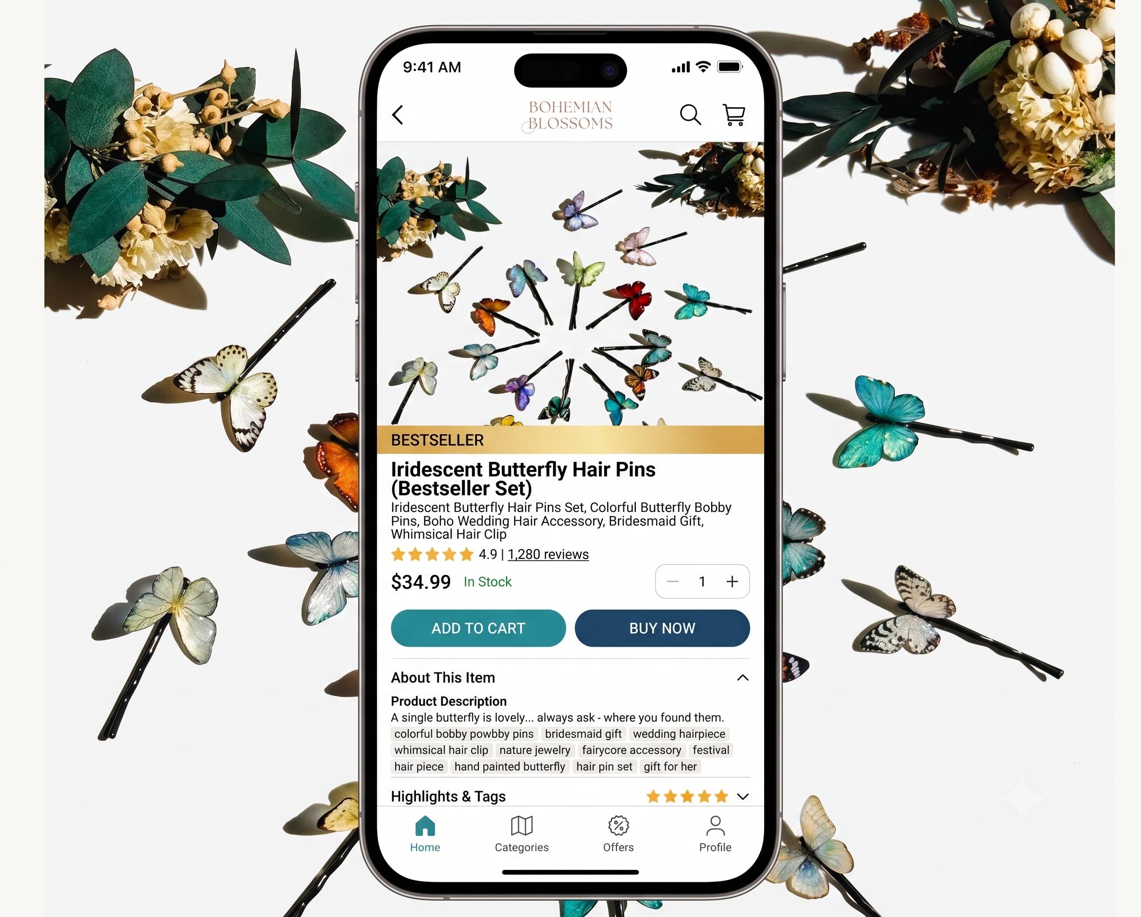 Bohemian Blossoms butterfly hair pins product page concept
