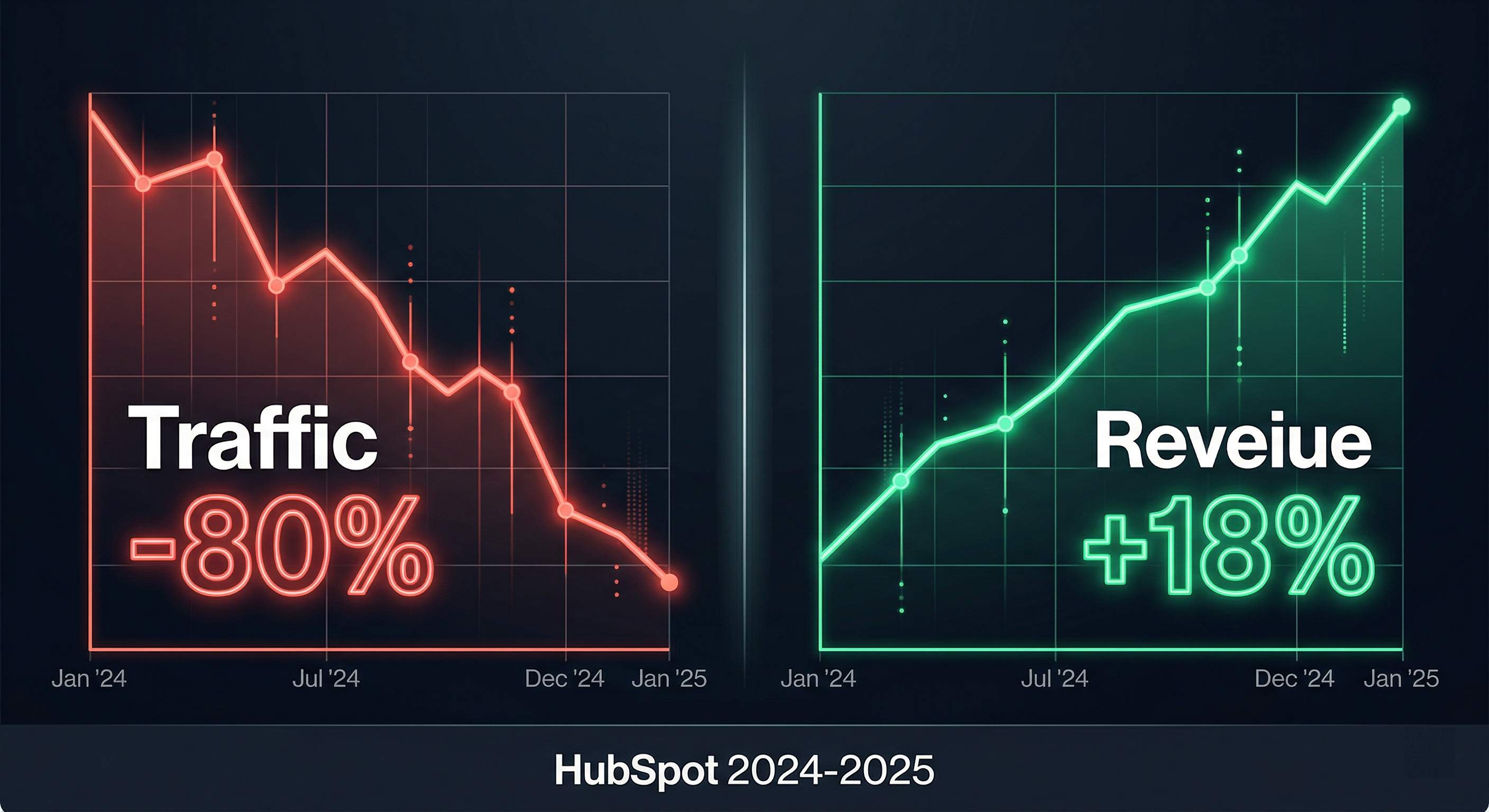 Gráfico comparativo de HubSpot 2024-2025: Traffic -80% vs Revenue +18%