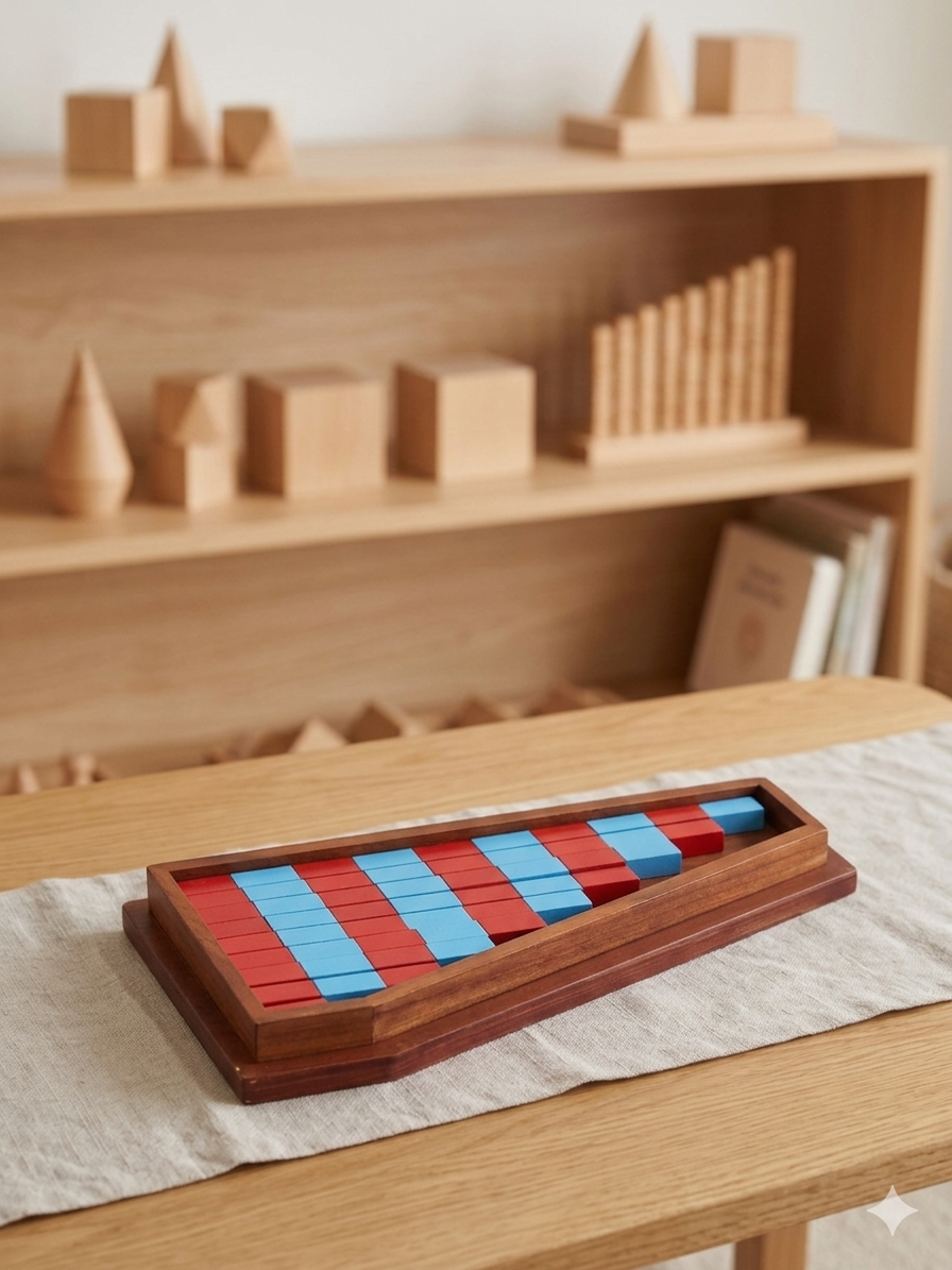 Red and blue addition strip board in walnut tray