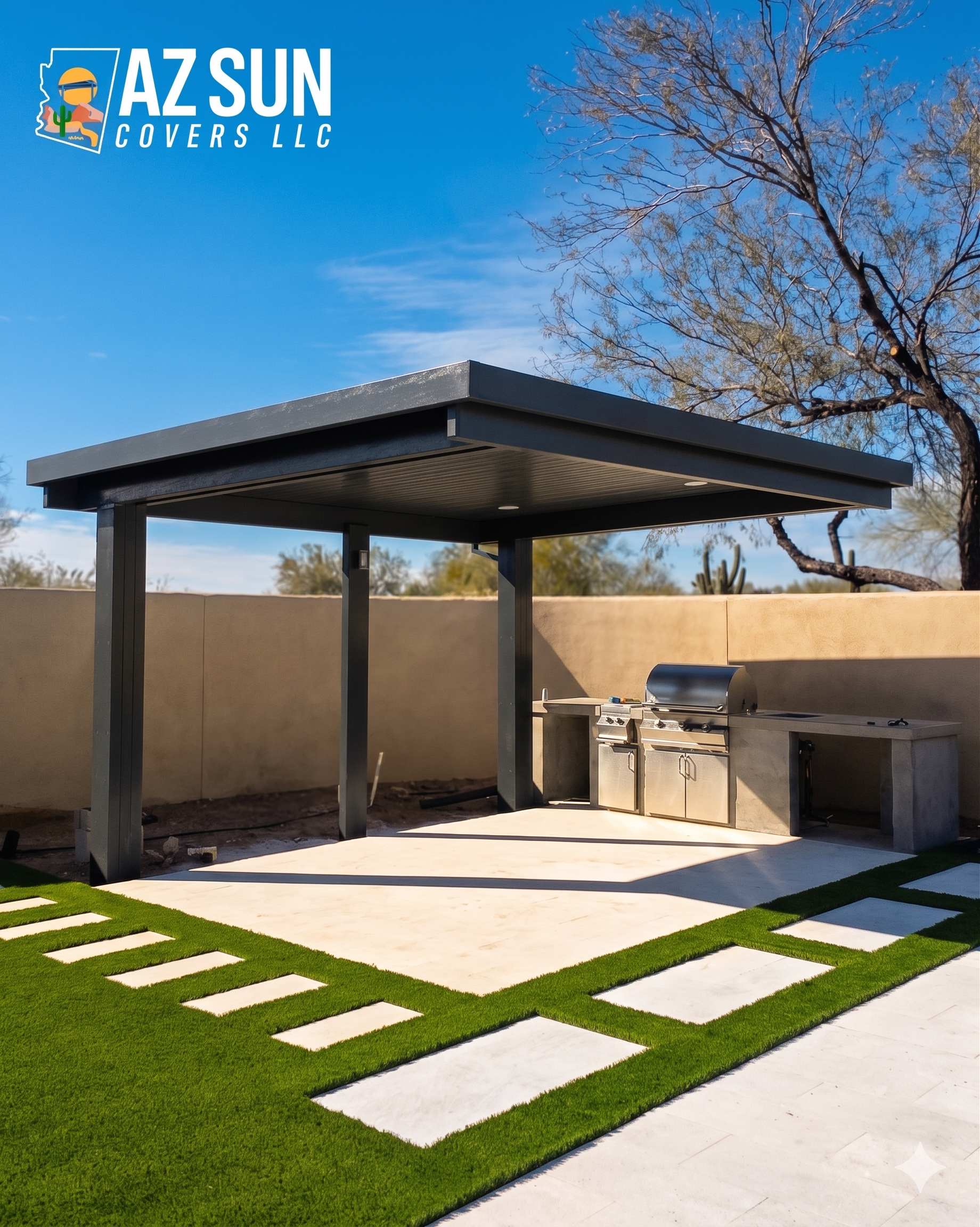 Solid-roof pergola with outdoor kitchen and desert landscaping