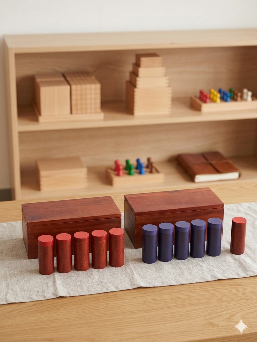 Knobless cylinders in red and purple wooden boxes