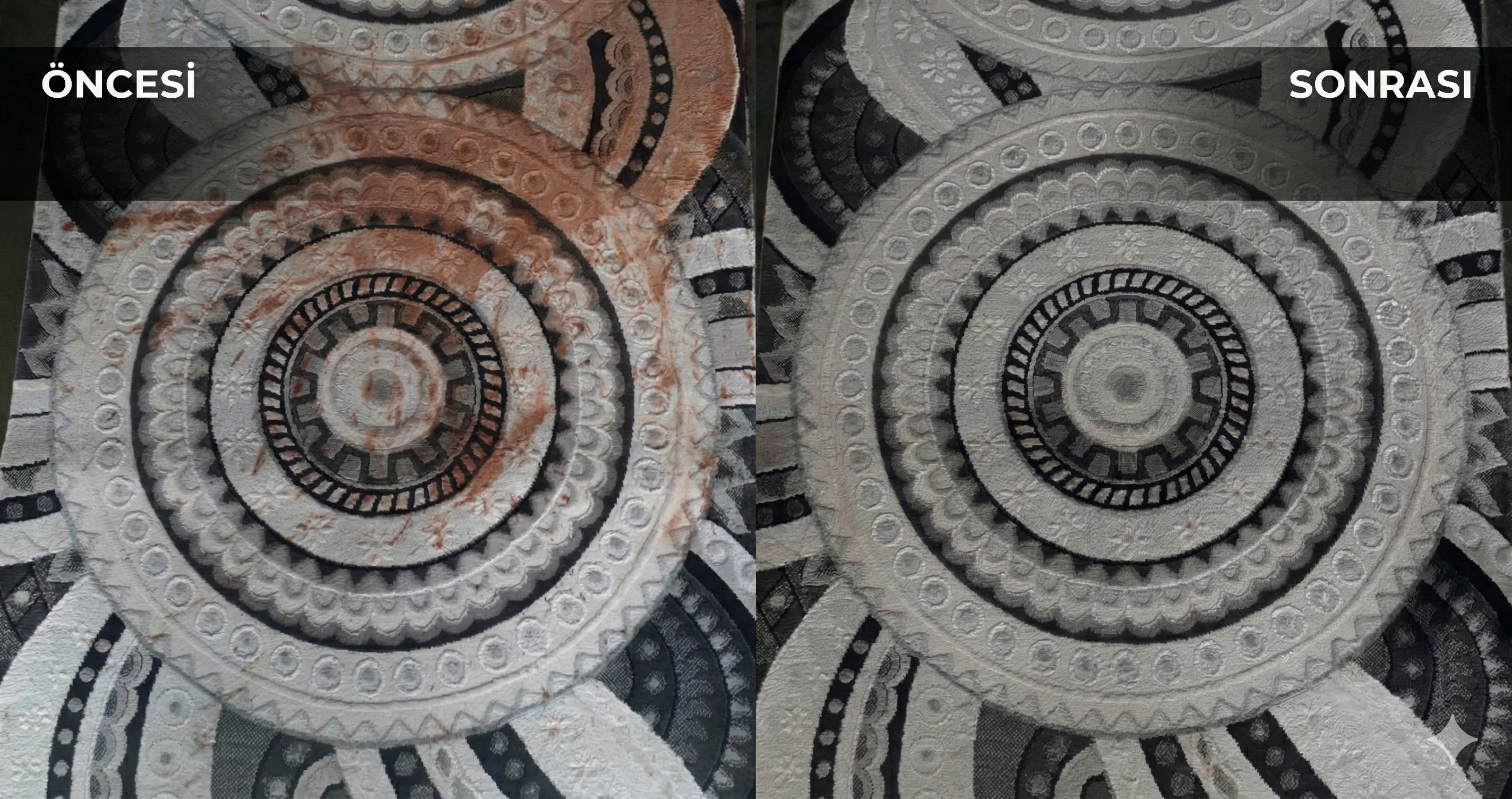 Pendik halı yıkama öncesi sonrası - Desenli halı pas lekesi temizleme