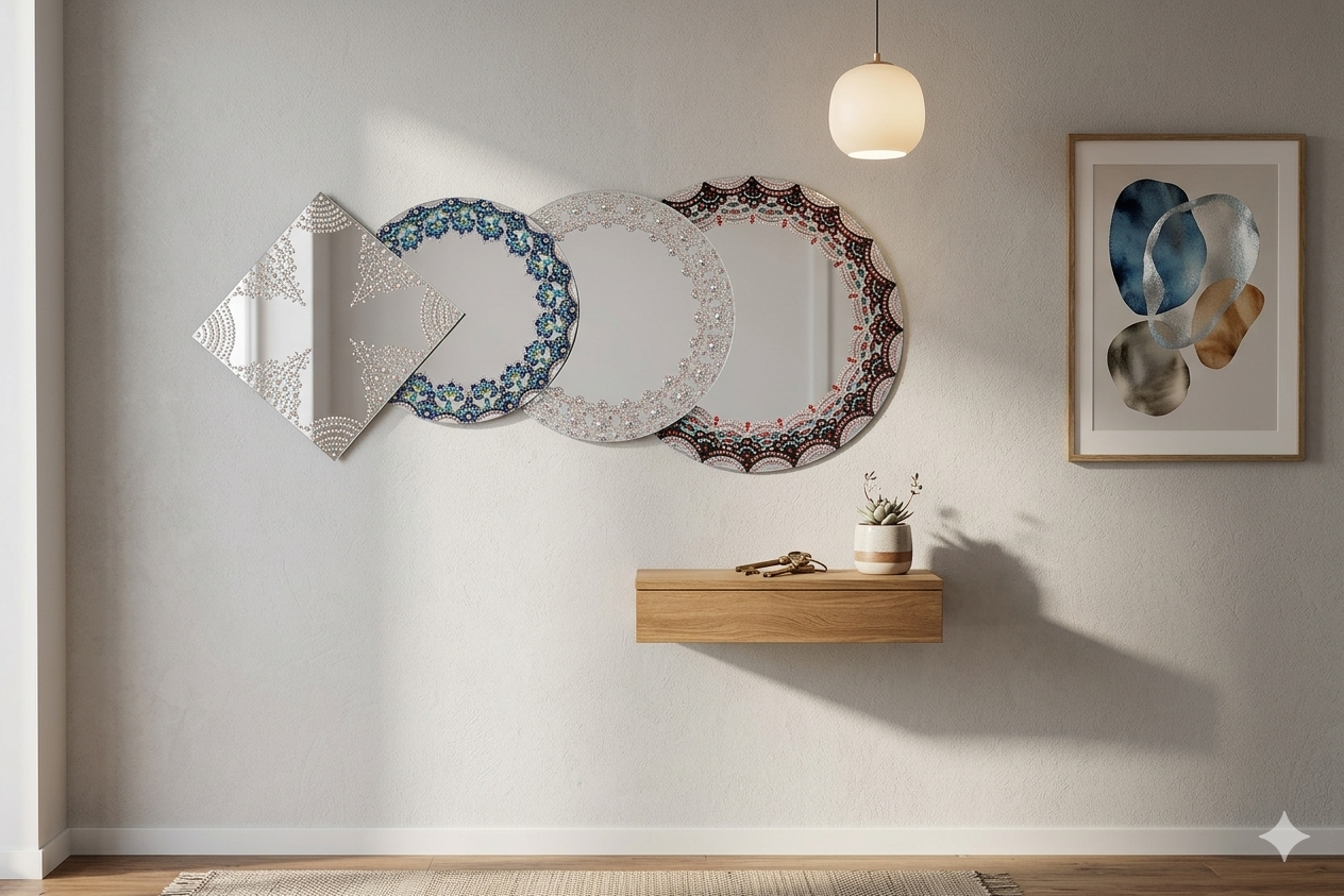 Collection of handcrafted crystal-beaded mirrors in various shapes displayed on a modern interior wall