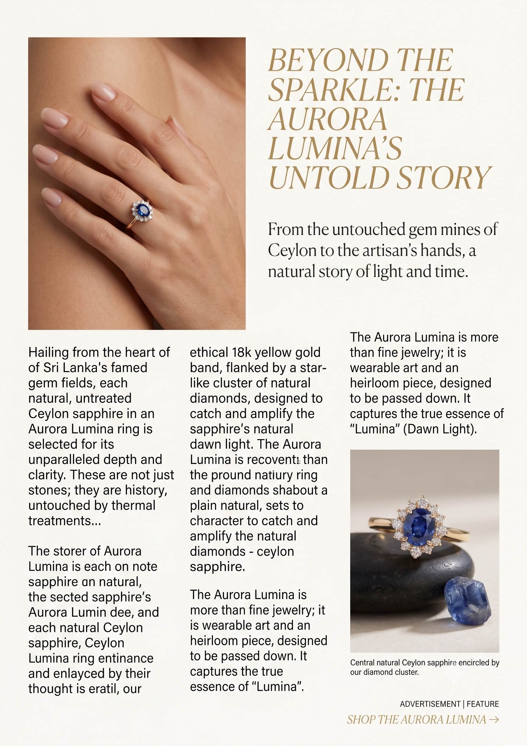 Editorial jewelry feature about an Aurora Lumina sapphire ring