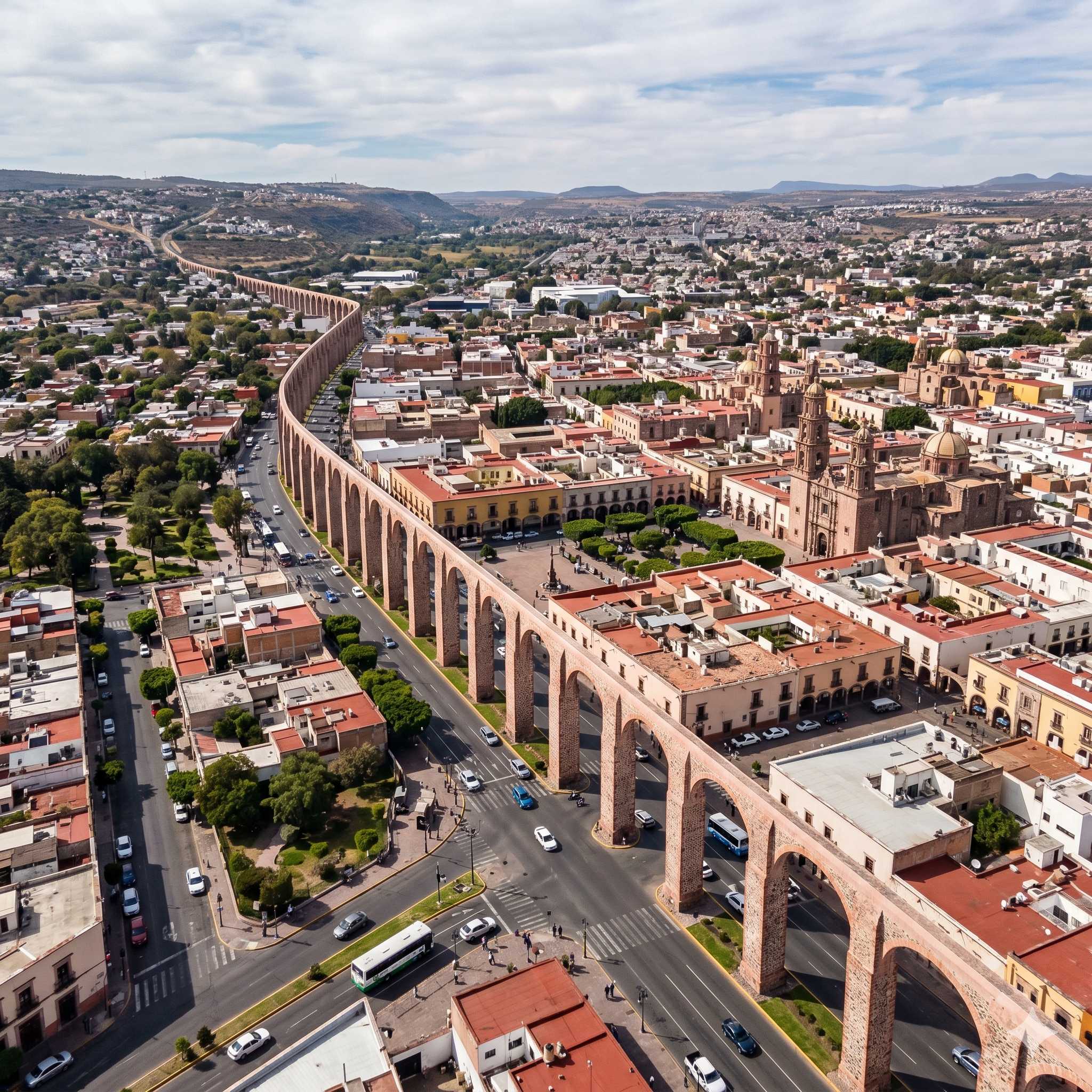 Vista aérea de Querétaro mostrando el icónico acueducto y el centro histórico