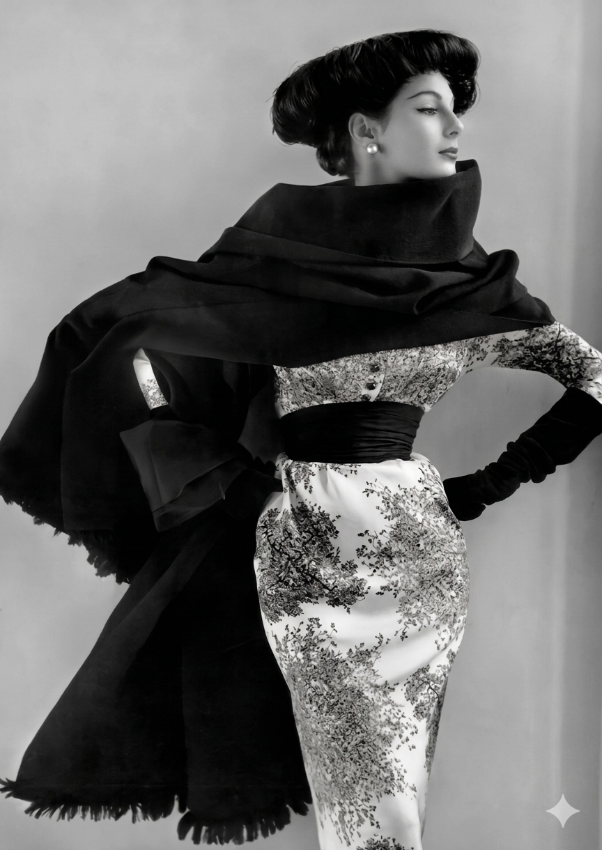 Model in Jacques Fath toile print dress with dramatic black cape, 1950s haute couture