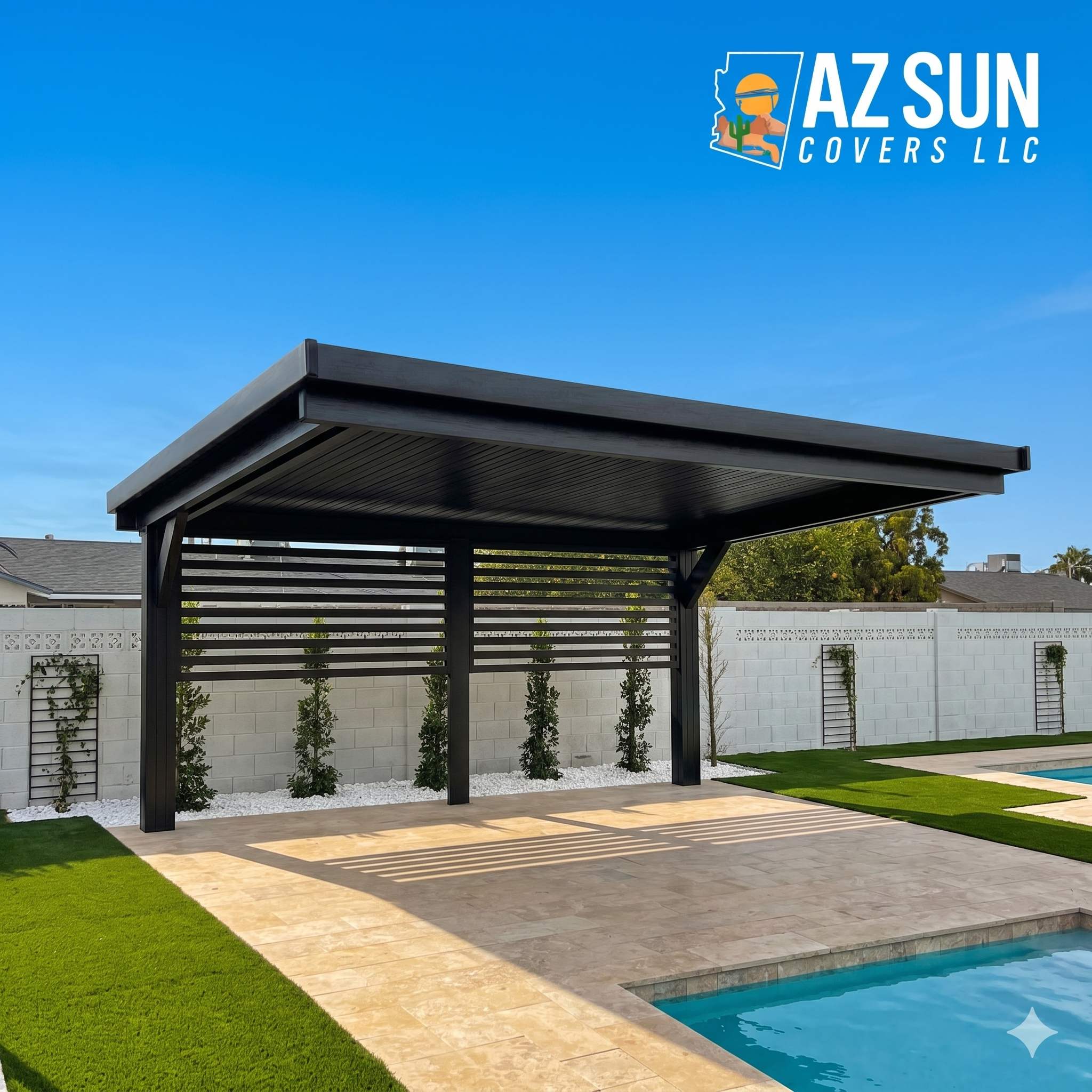 Dark louvered pergola with privacy wall by pool