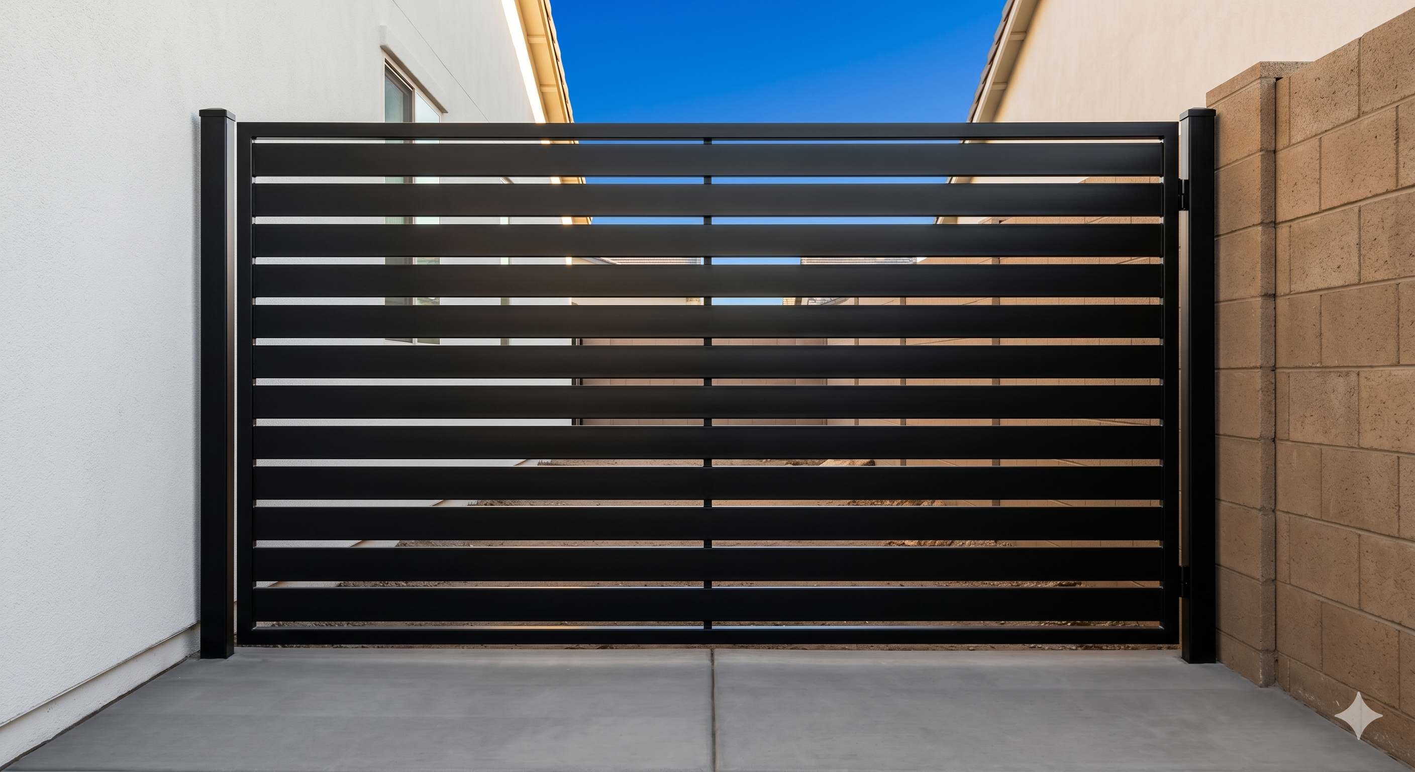 Modern black horizontal slat RV gate with clean lines