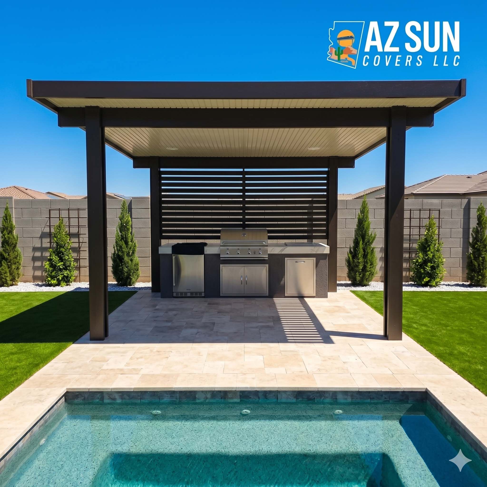 Solid-roof pergola over outdoor kitchen by spa