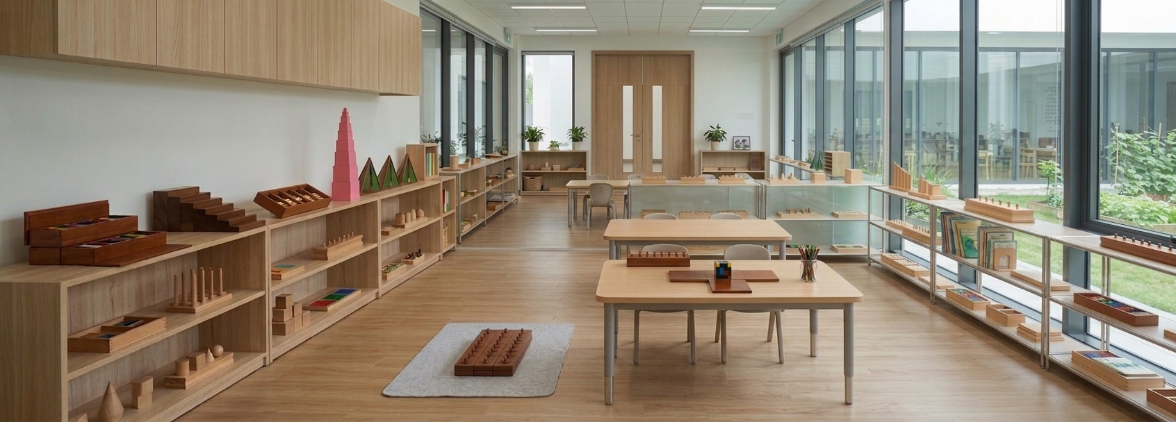Montessori classroom with wooden learning materials