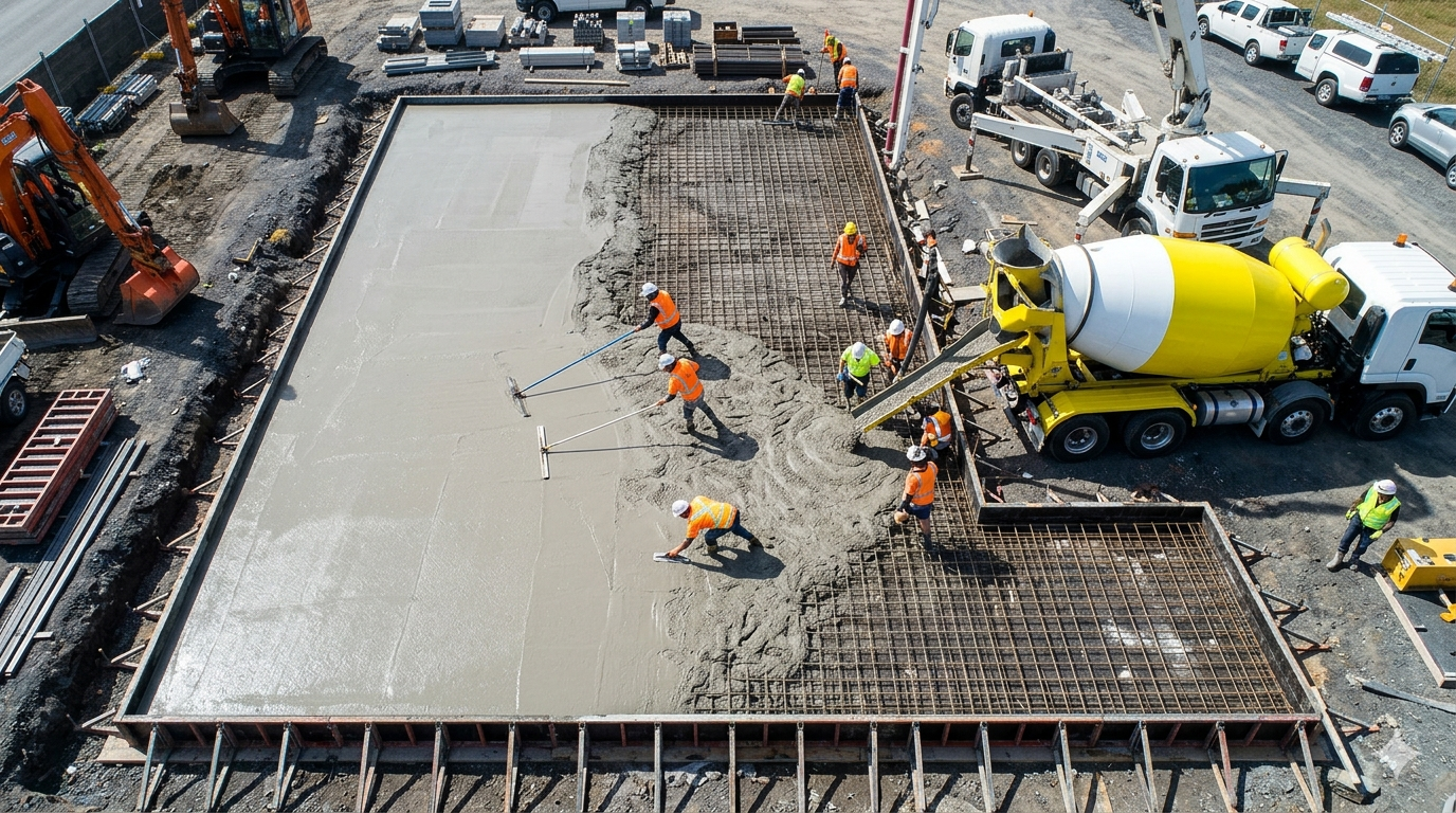Concrete work - aerial view of concrete pour with workers and equipment