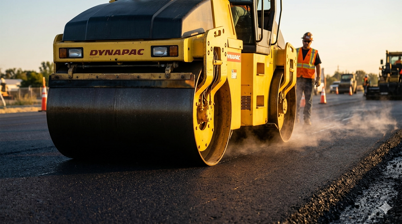 Asphalt work - yellow Dynapac roller on fresh asphalt