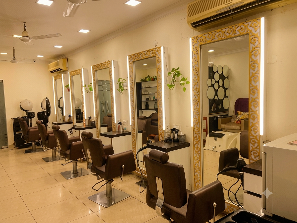 Neha Beauty Clinic styling stations with ornate gold-framed mirrors
