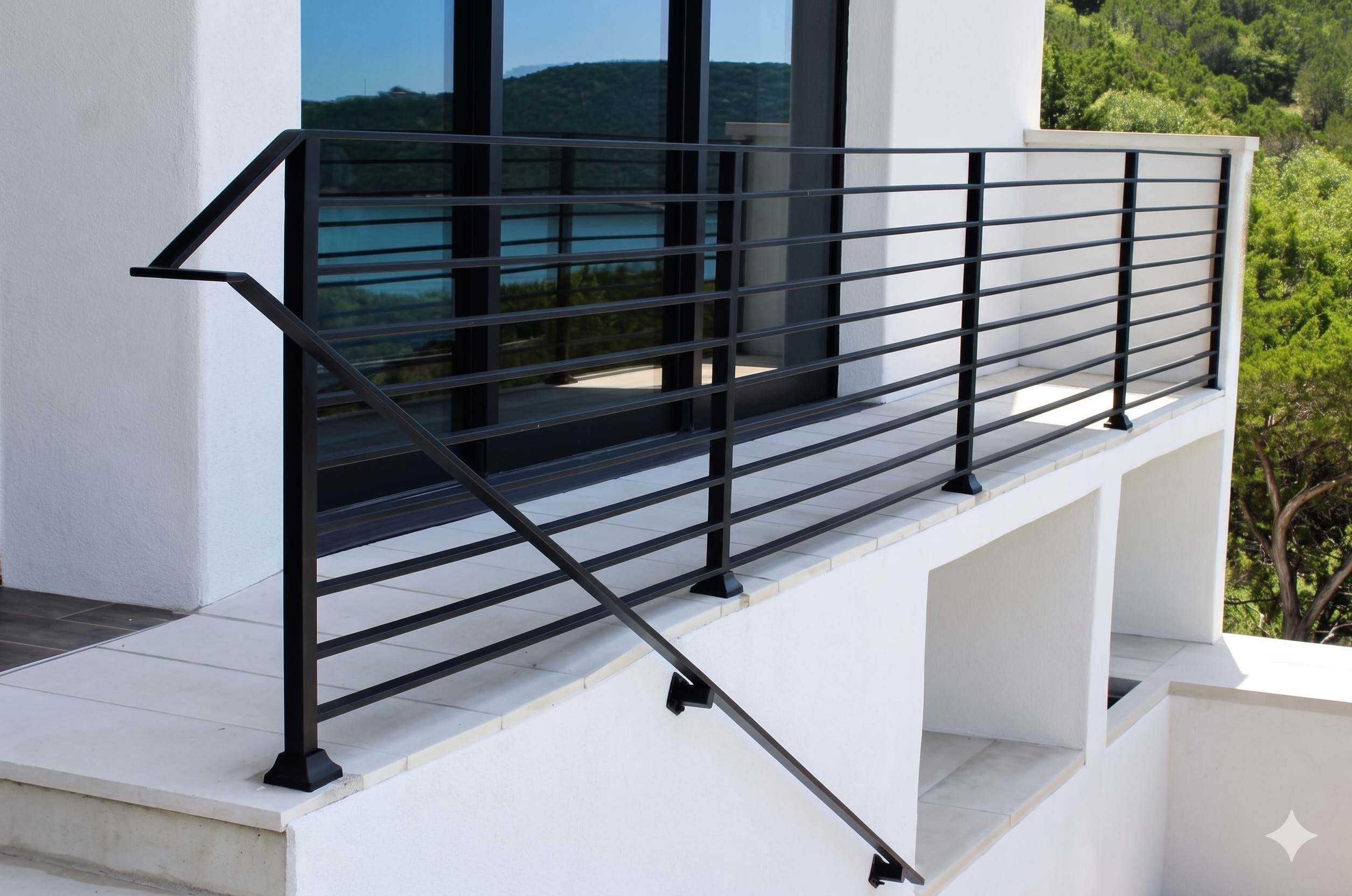 Modern black horizontal bar railing with scenic view
